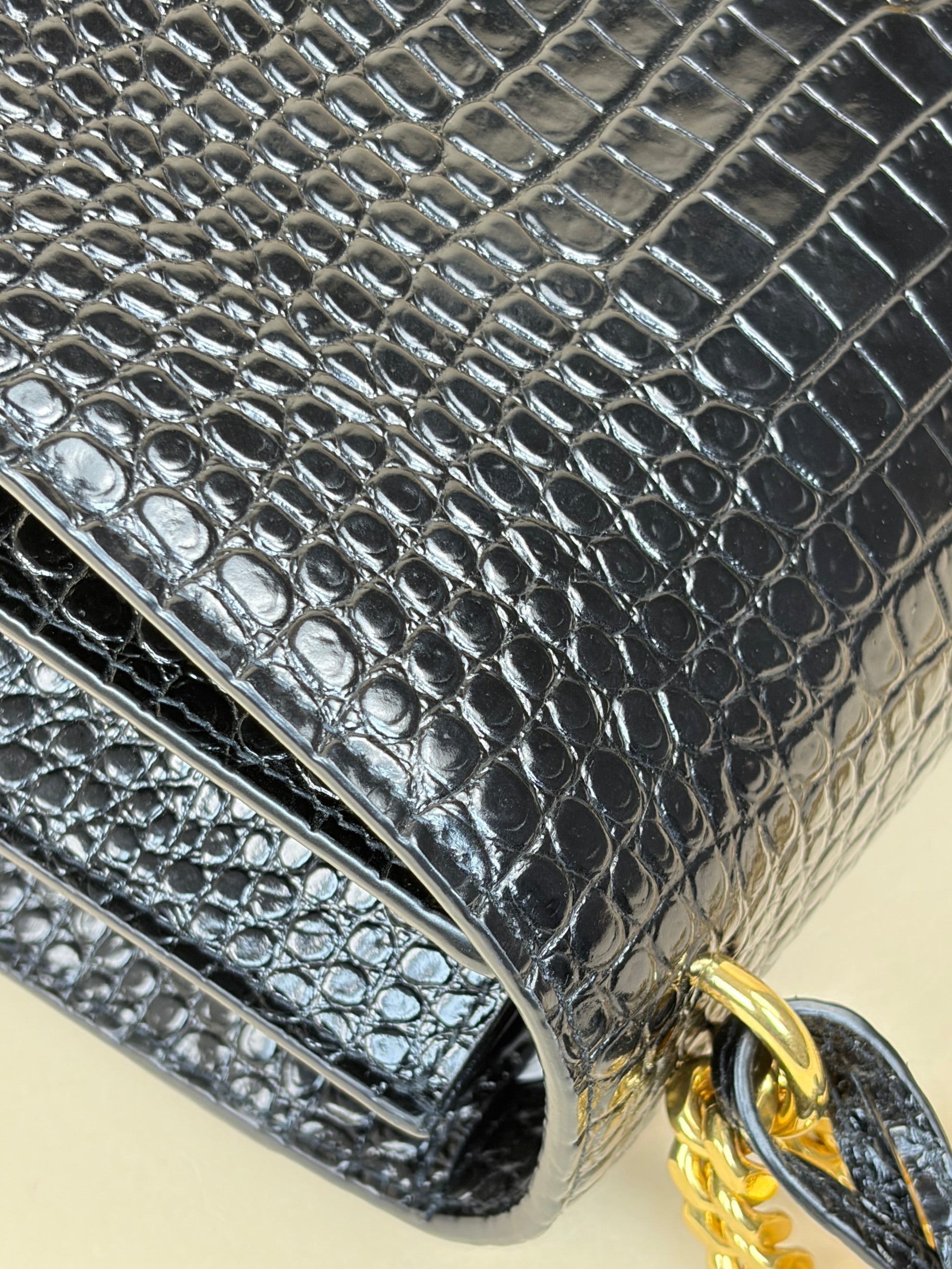 YSL Black Crocodile Embossed Sunset Large Shoulder Bag