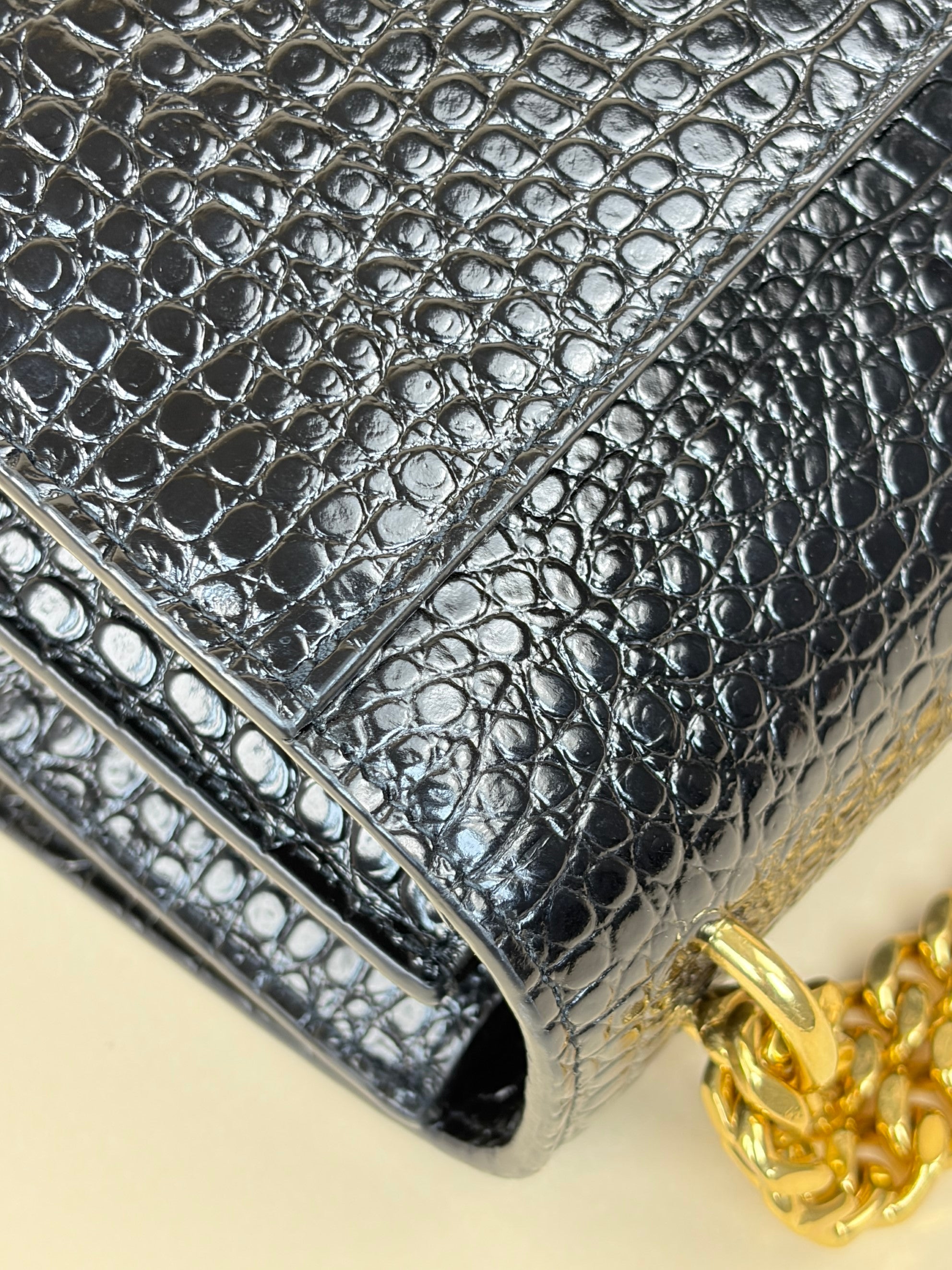 YSL Black Crocodile Embossed Sunset Large Shoulder Bag