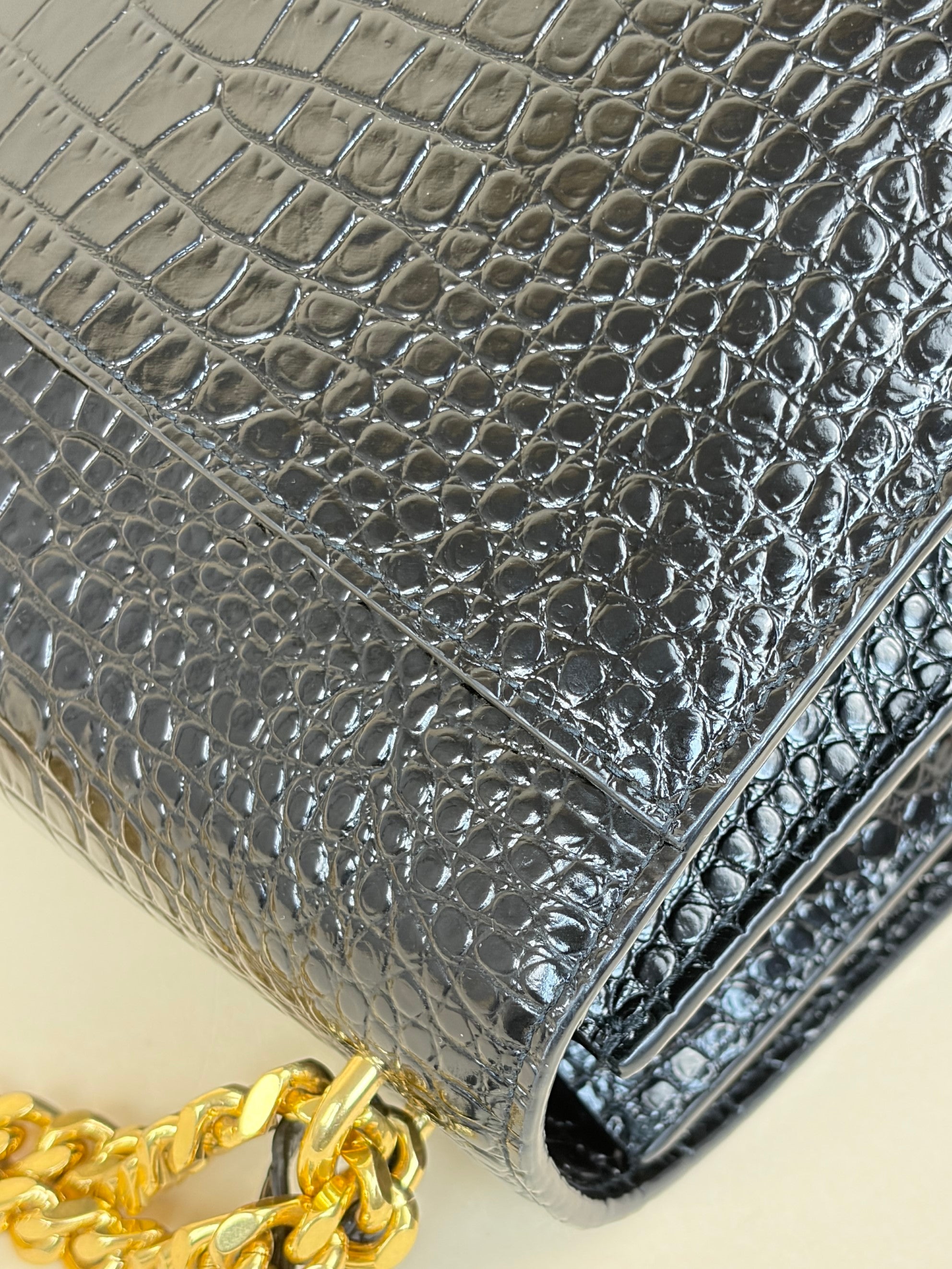 YSL Black Crocodile Embossed Sunset Large Shoulder Bag