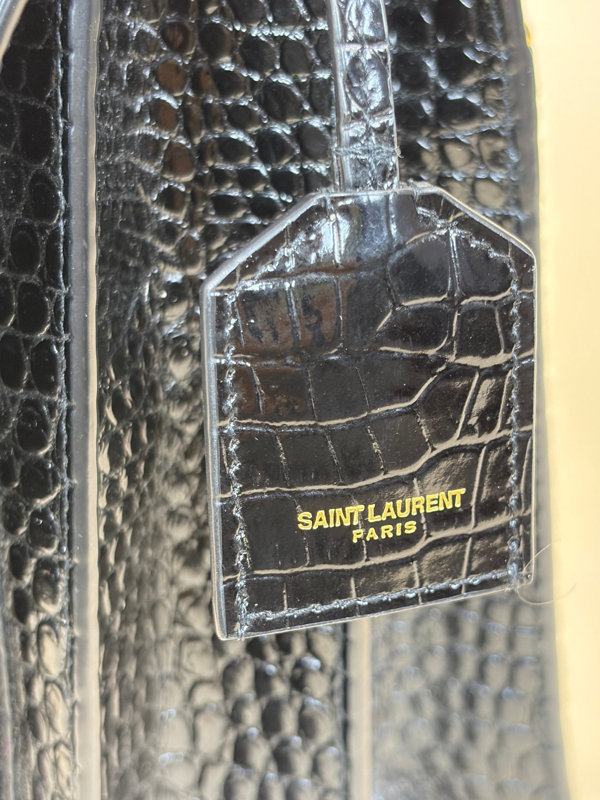YSL Black Crocodile Embossed Sunset Large Shoulder Bag