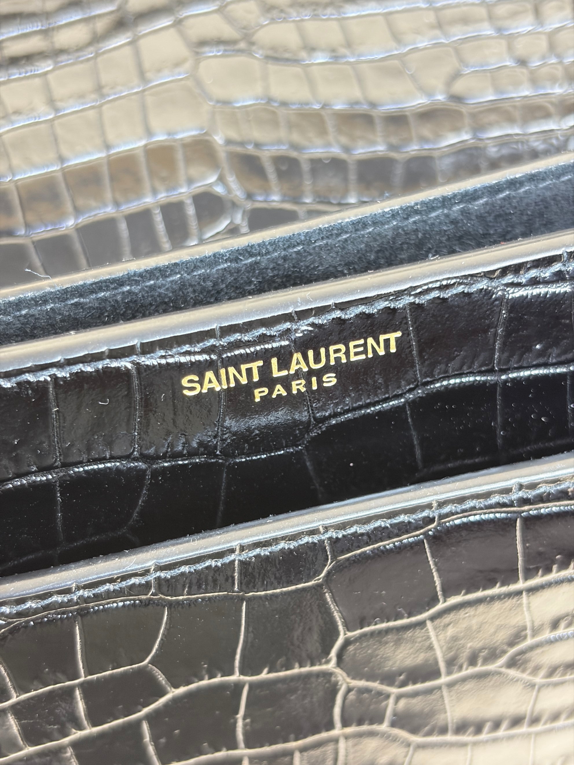 YSL Black Crocodile Embossed Sunset Large Shoulder Bag