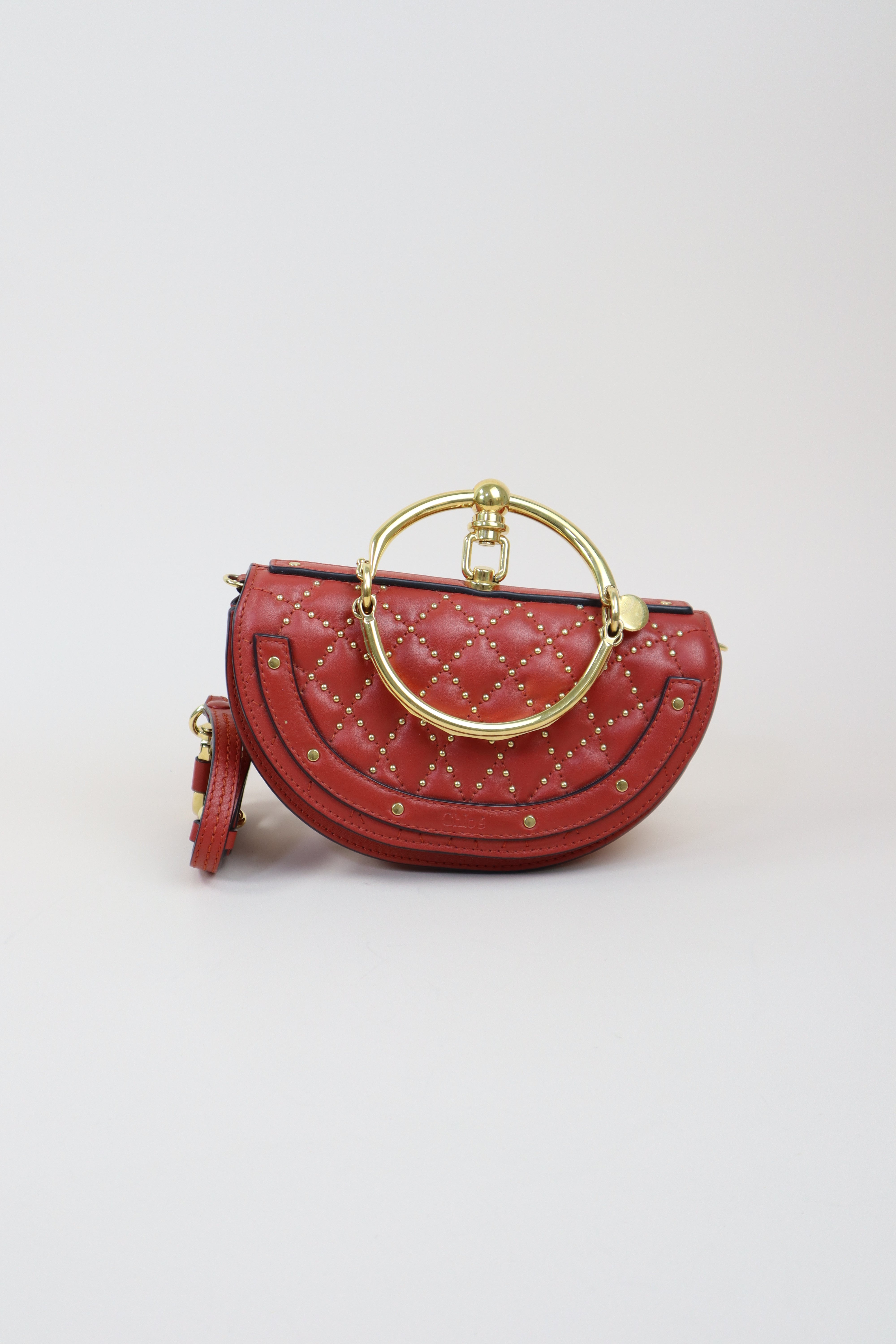 Chloe Red Small Quilted Studded Nile Bracelet Bag