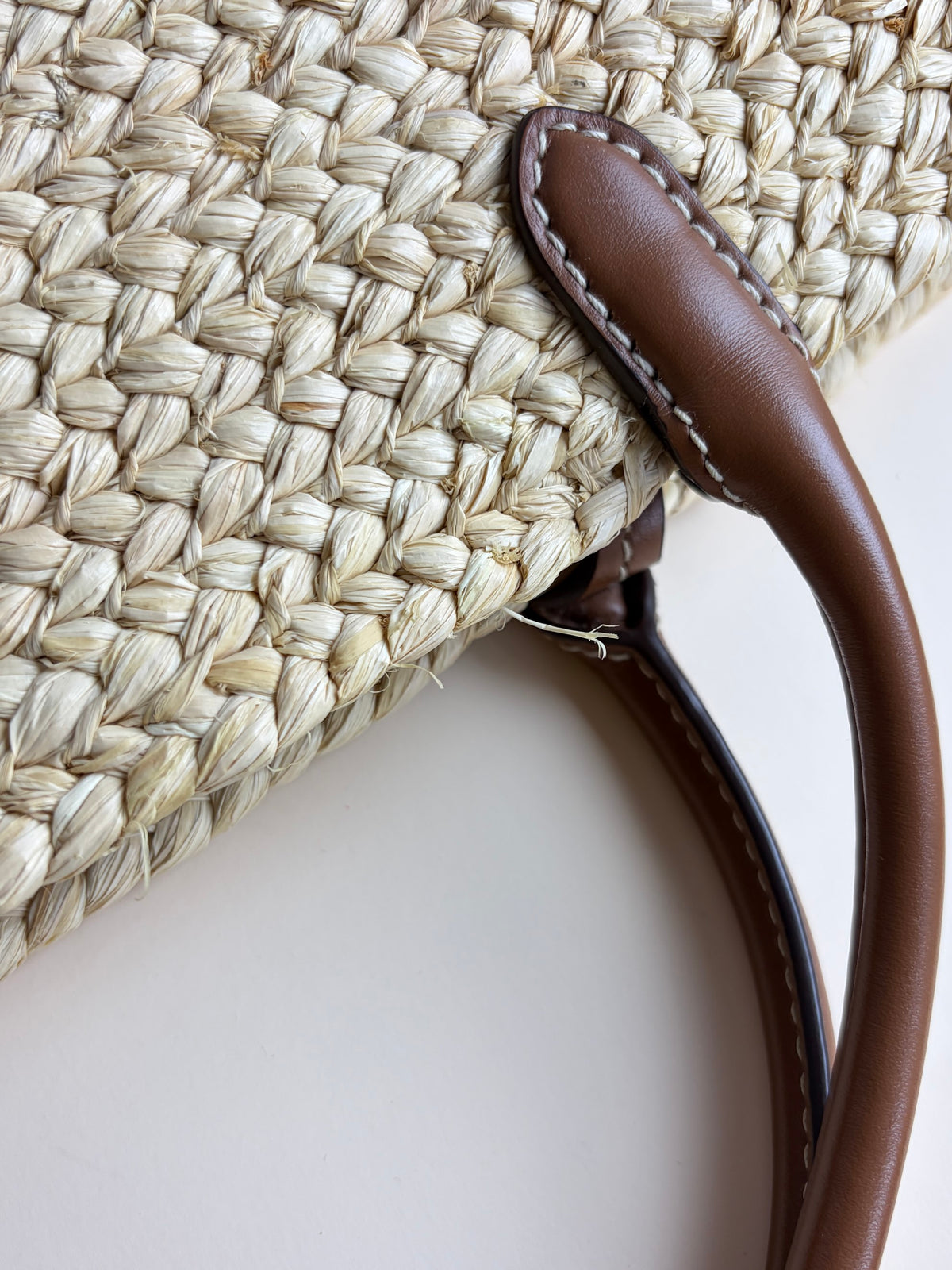 Prada beige/cognac raffia and leather large shopping bag