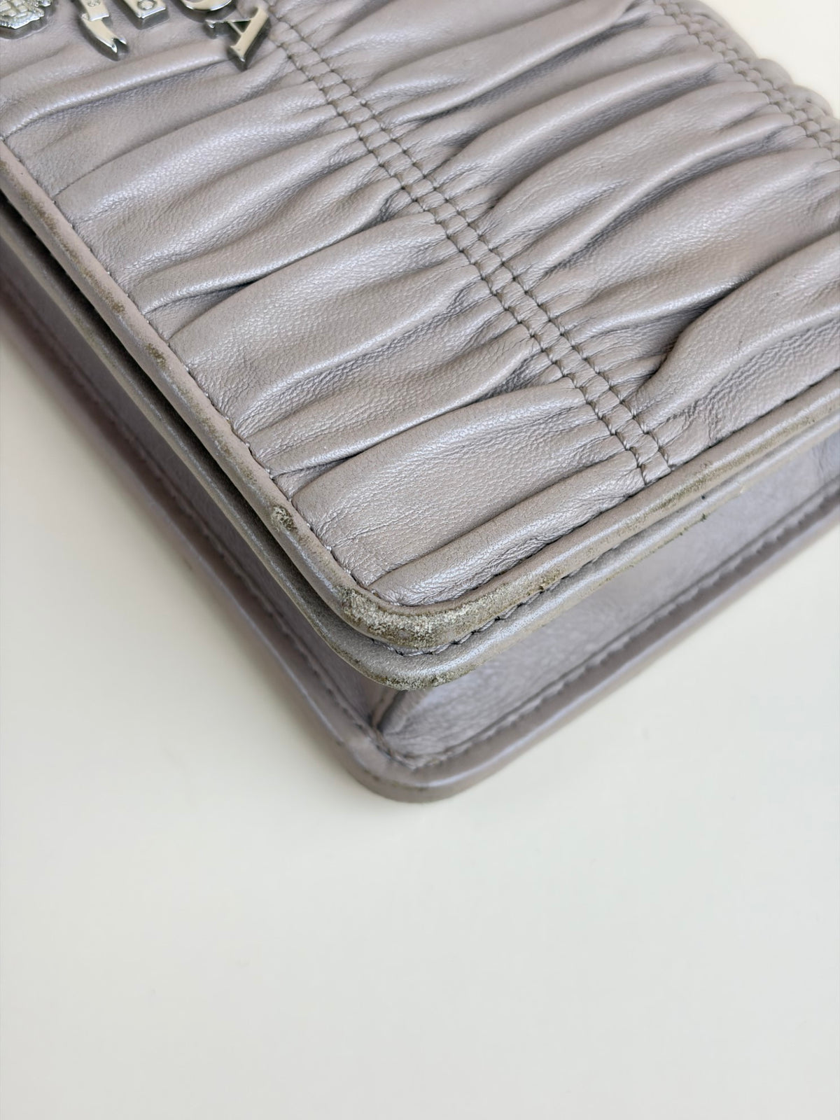 Prada nude nappa leather gaufre wallet on chain