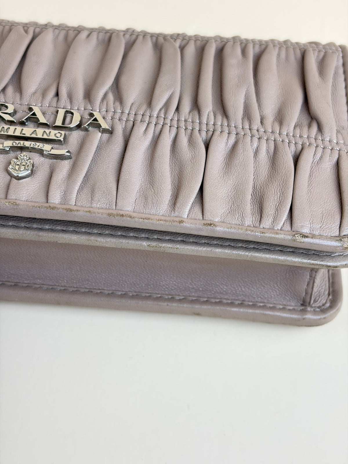 Prada nude nappa leather gaufre wallet on chain