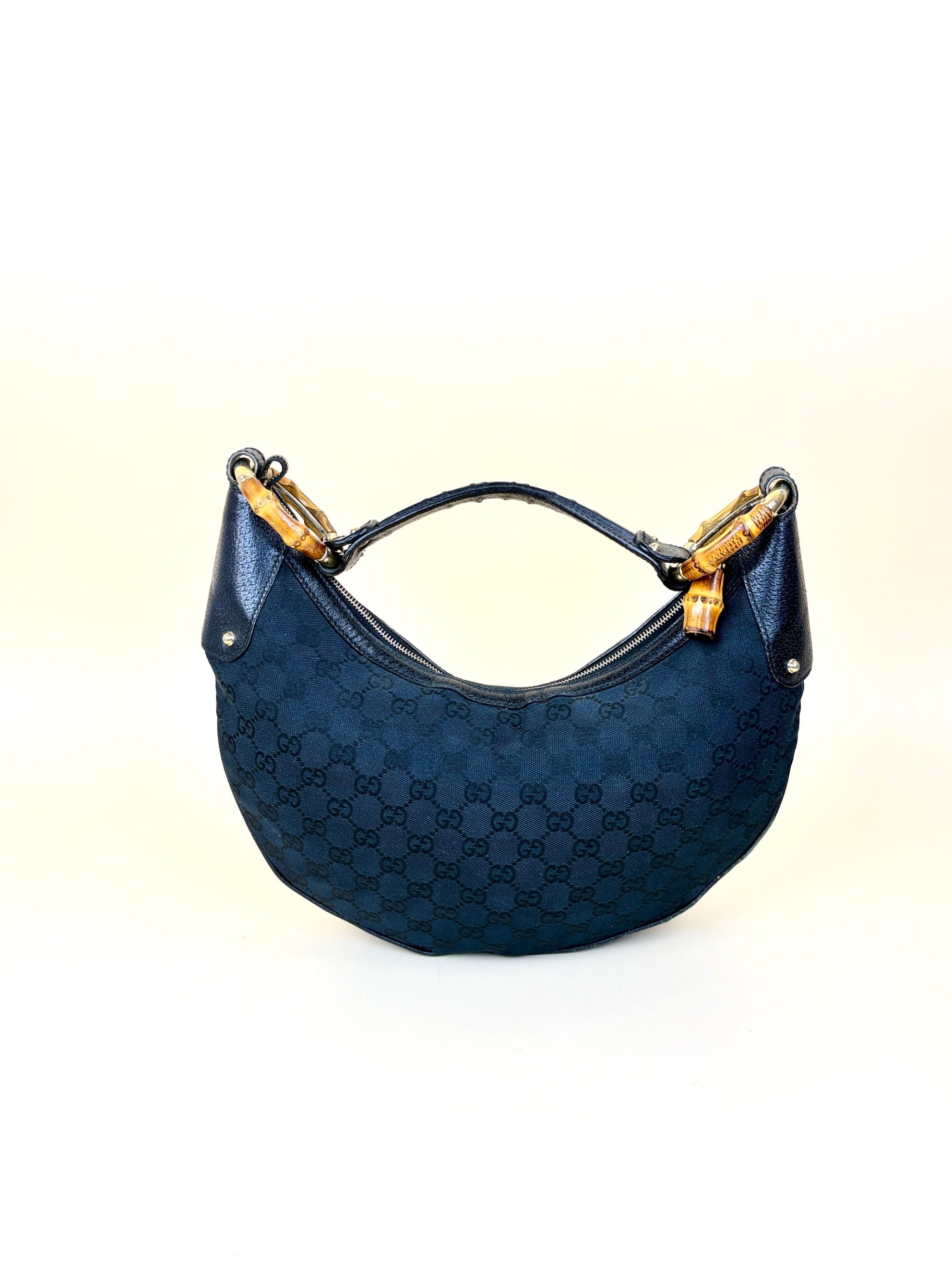Gucci Black GG Monogram Bamboo Ring Hobo Bag