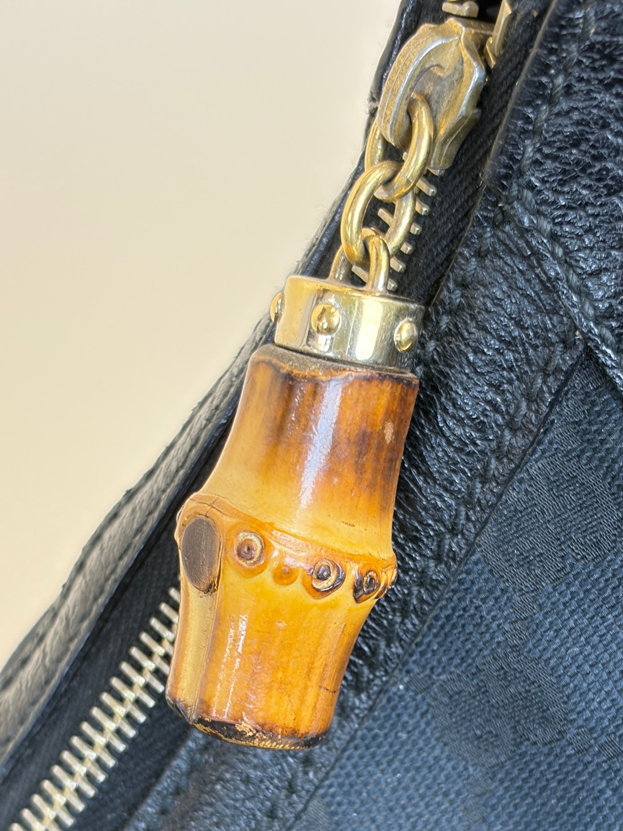 Gucci Black GG Monogram Bamboo Ring Hobo Bag