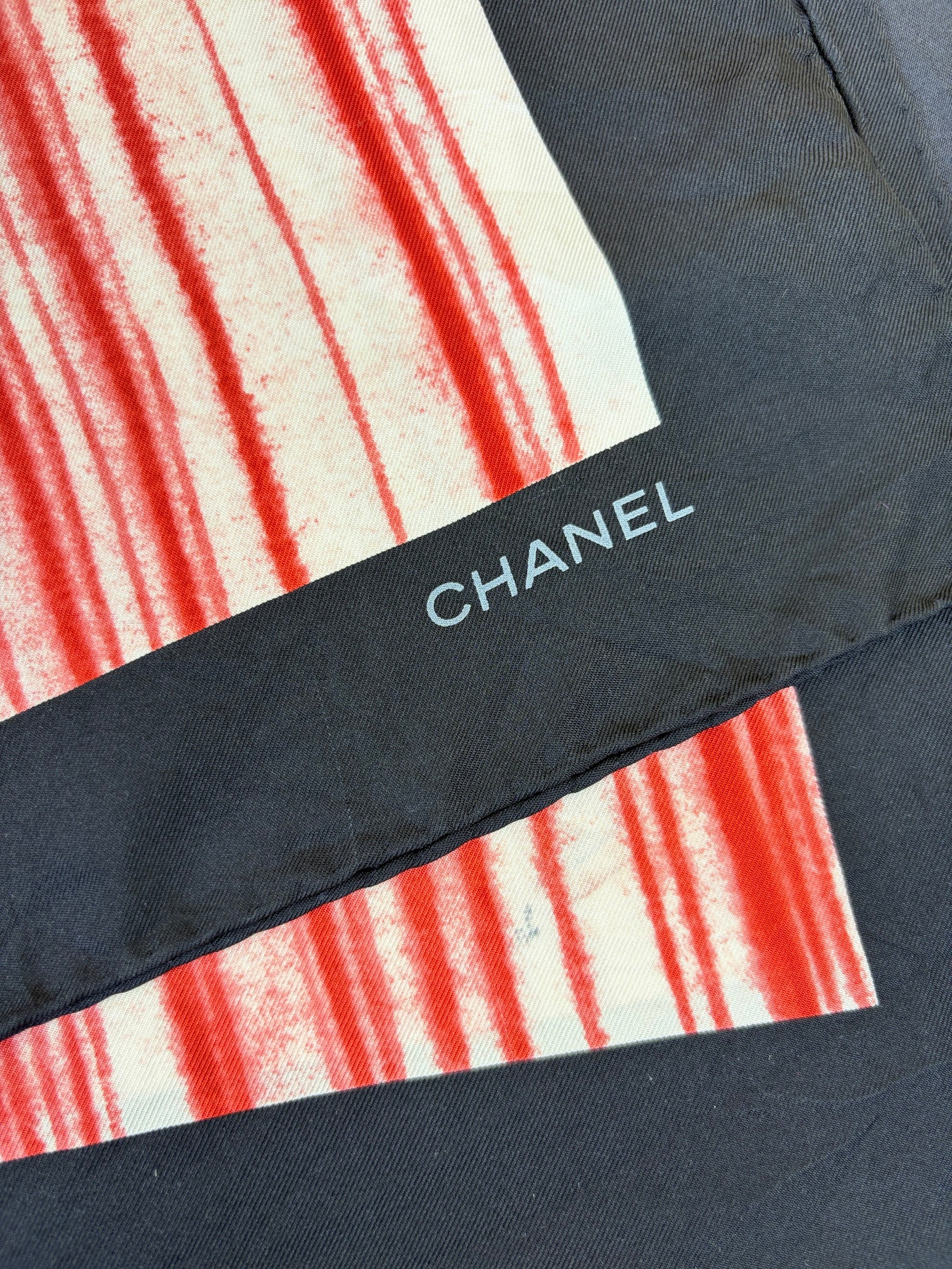 Chanel Red CC Logo Striped Vintage Silk Square Scarf