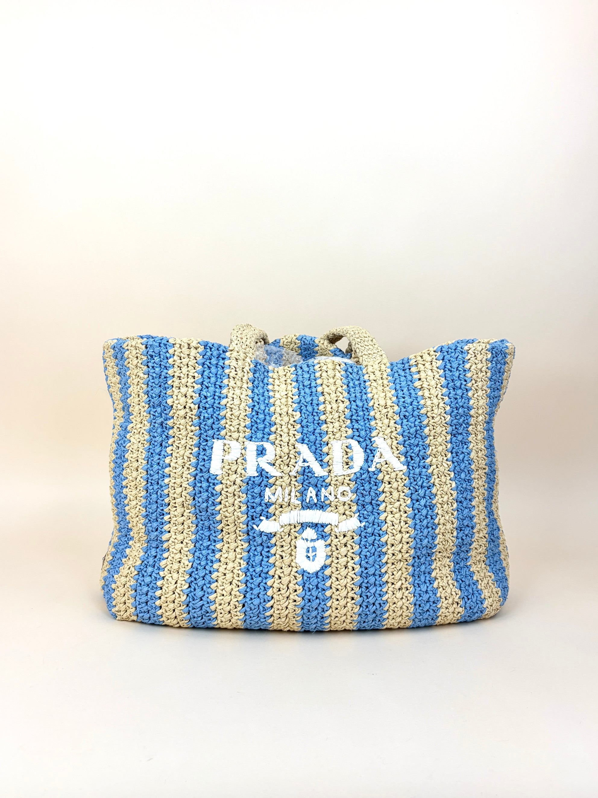 Prada natural celeste blue yarn raffia crocet stripped large logo tote bag