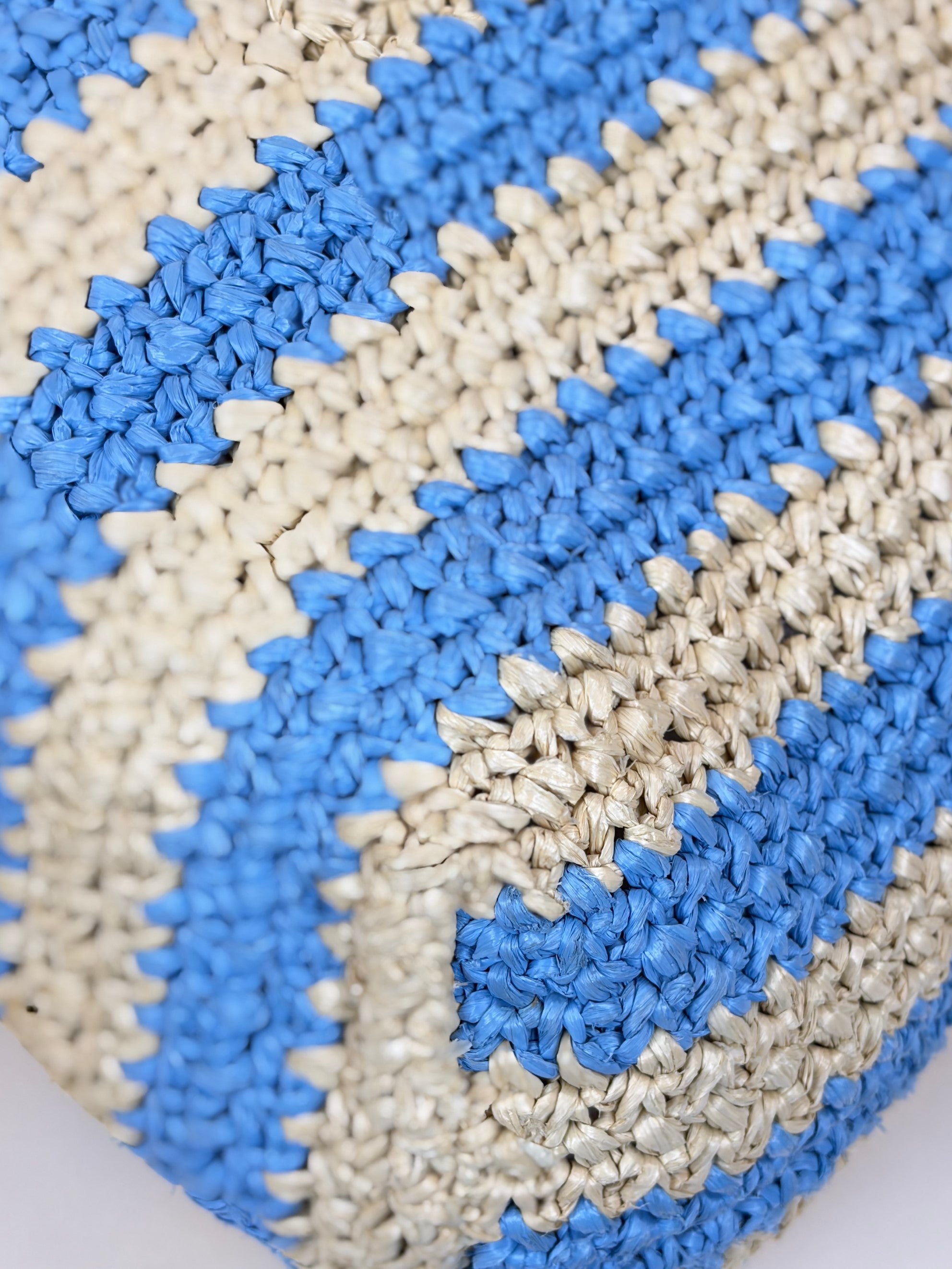 Prada natural celeste blue yarn raffia crocet stripped large logo tote bag