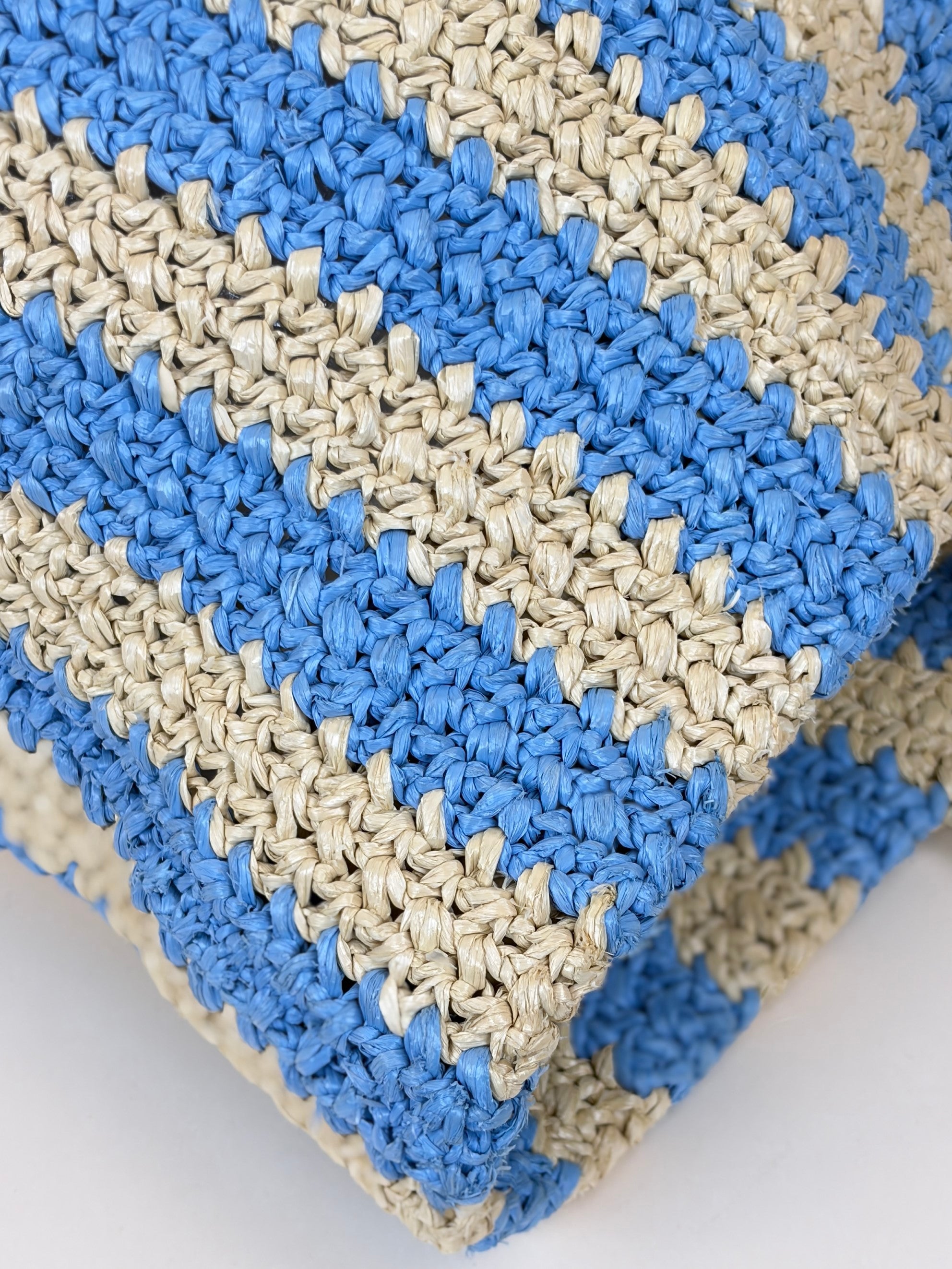 Prada natural celeste blue yarn raffia crocet stripped large logo tote bag
