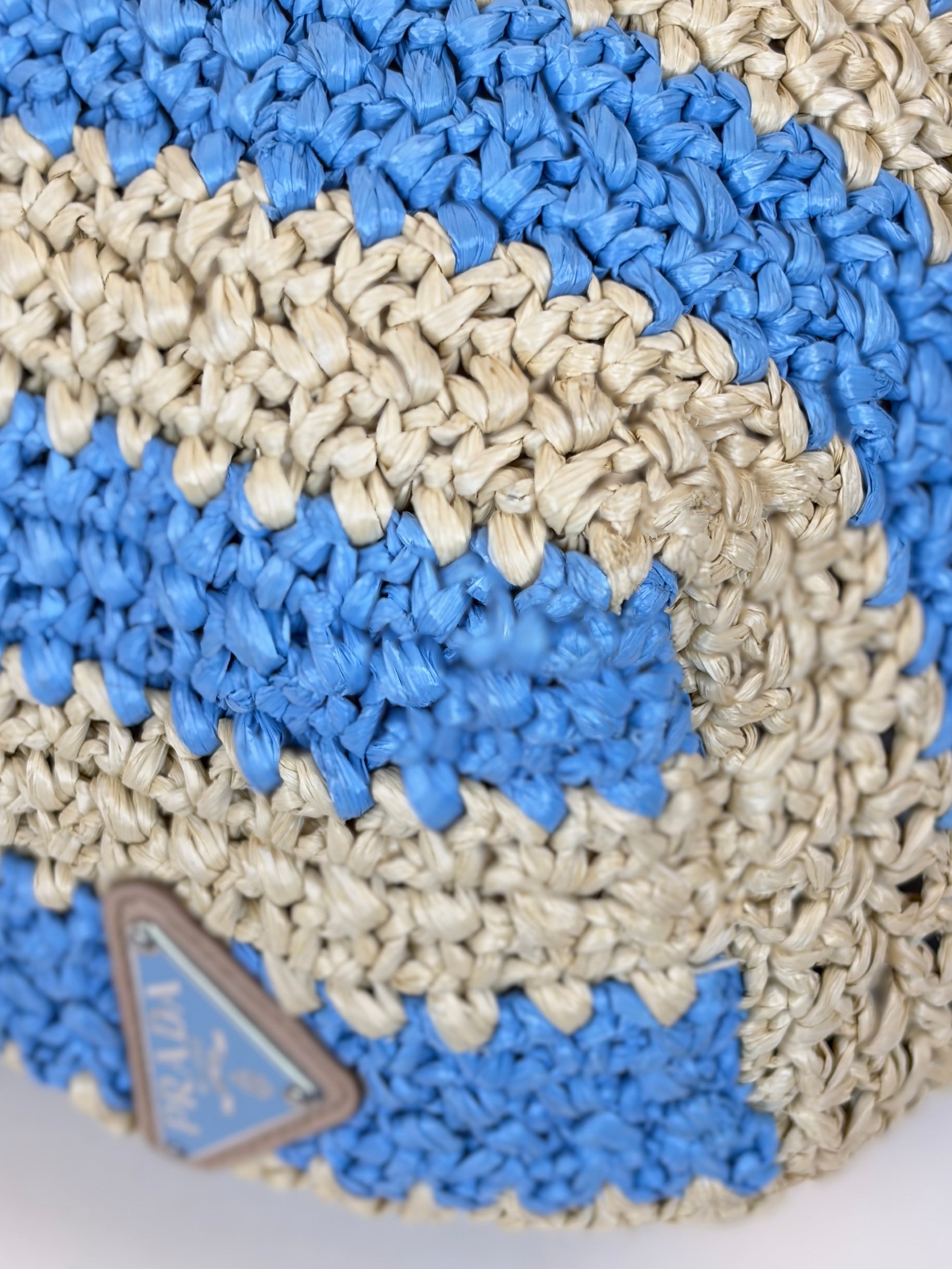 Prada natural celeste blue yarn raffia crocet stripped large logo tote bag