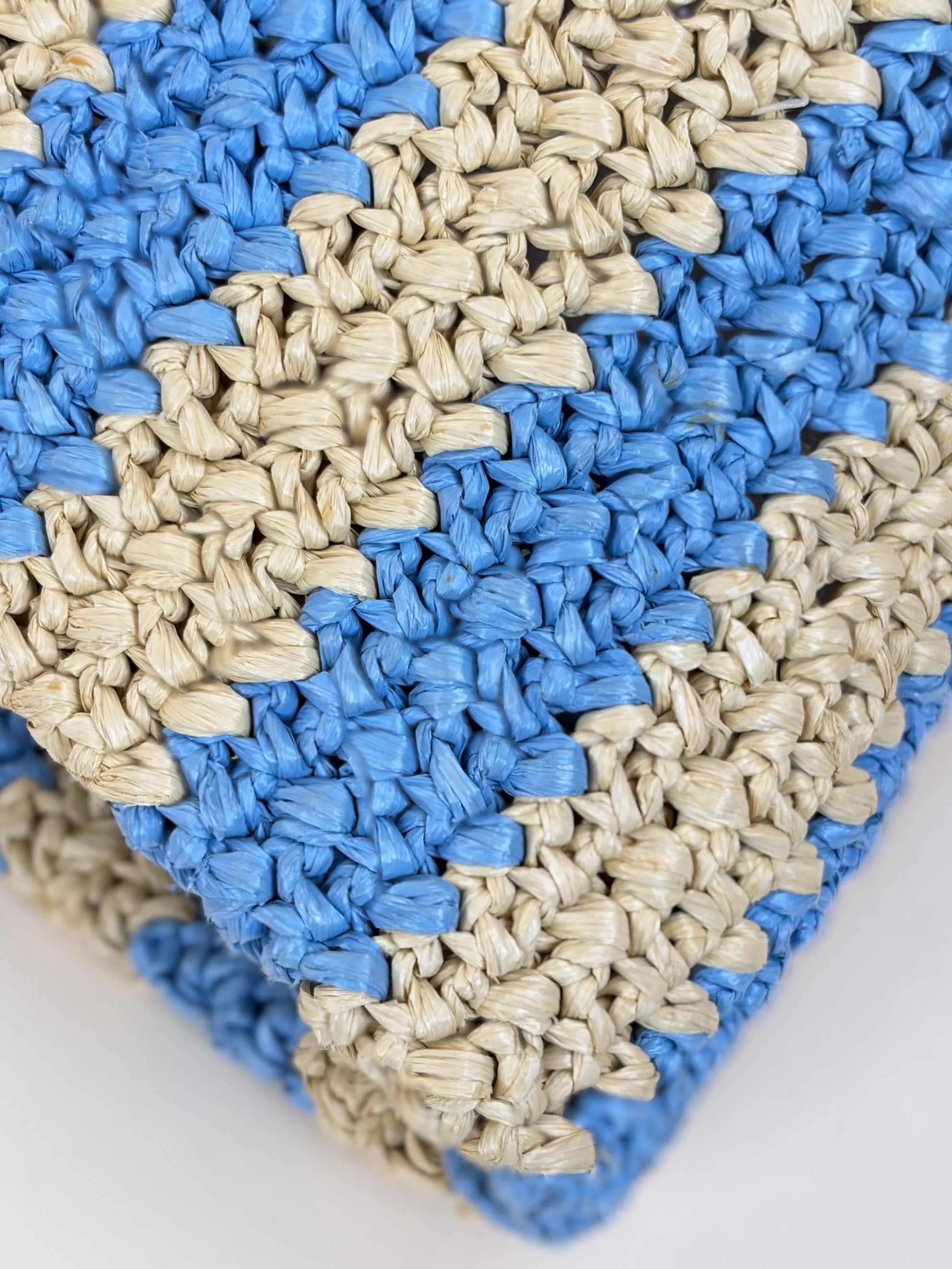 Prada natural celeste blue yarn raffia crocet stripped large logo tote bag