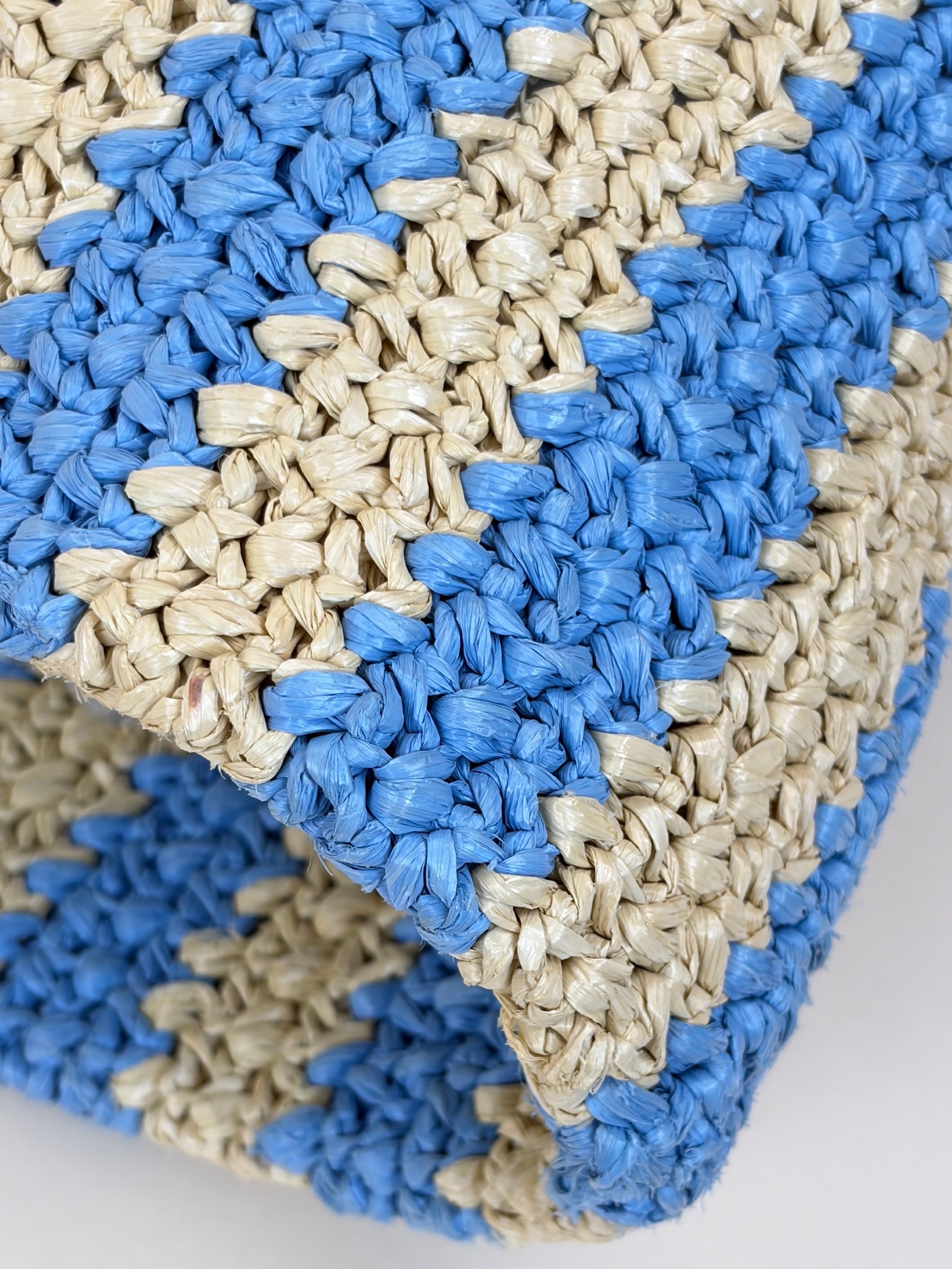 Prada natural celeste blue yarn raffia crocet stripped large logo tote bag