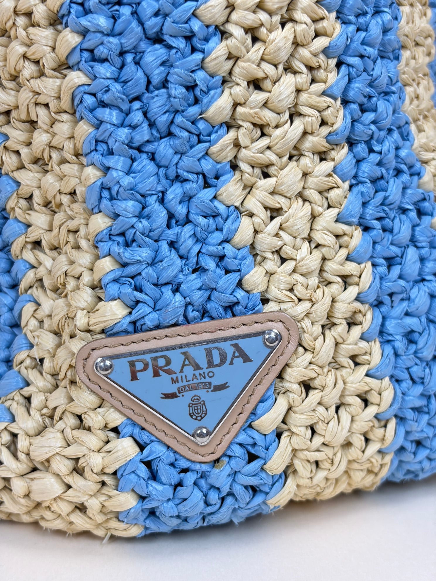 Prada natural celeste blue yarn raffia crocet stripped large logo tote bag