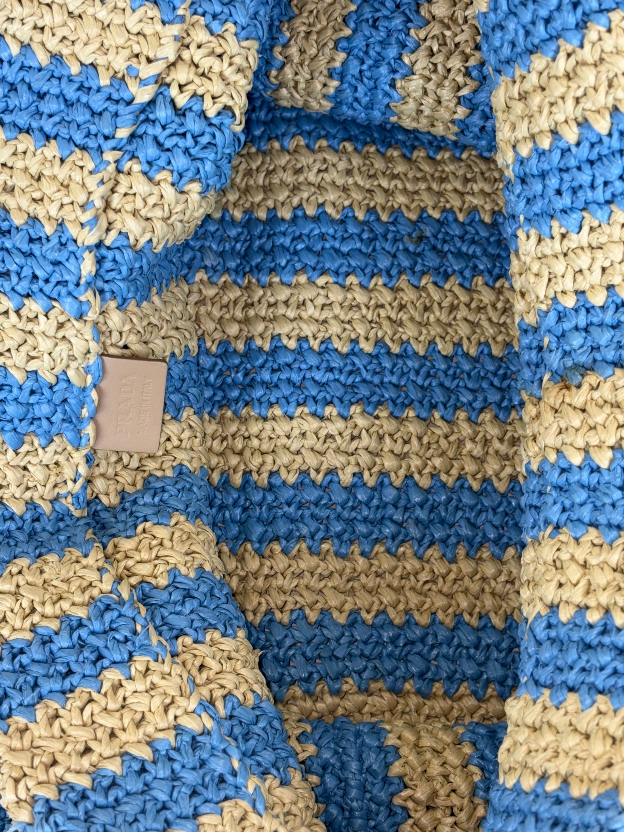 Prada natural celeste blue yarn raffia crocet stripped large logo tote bag
