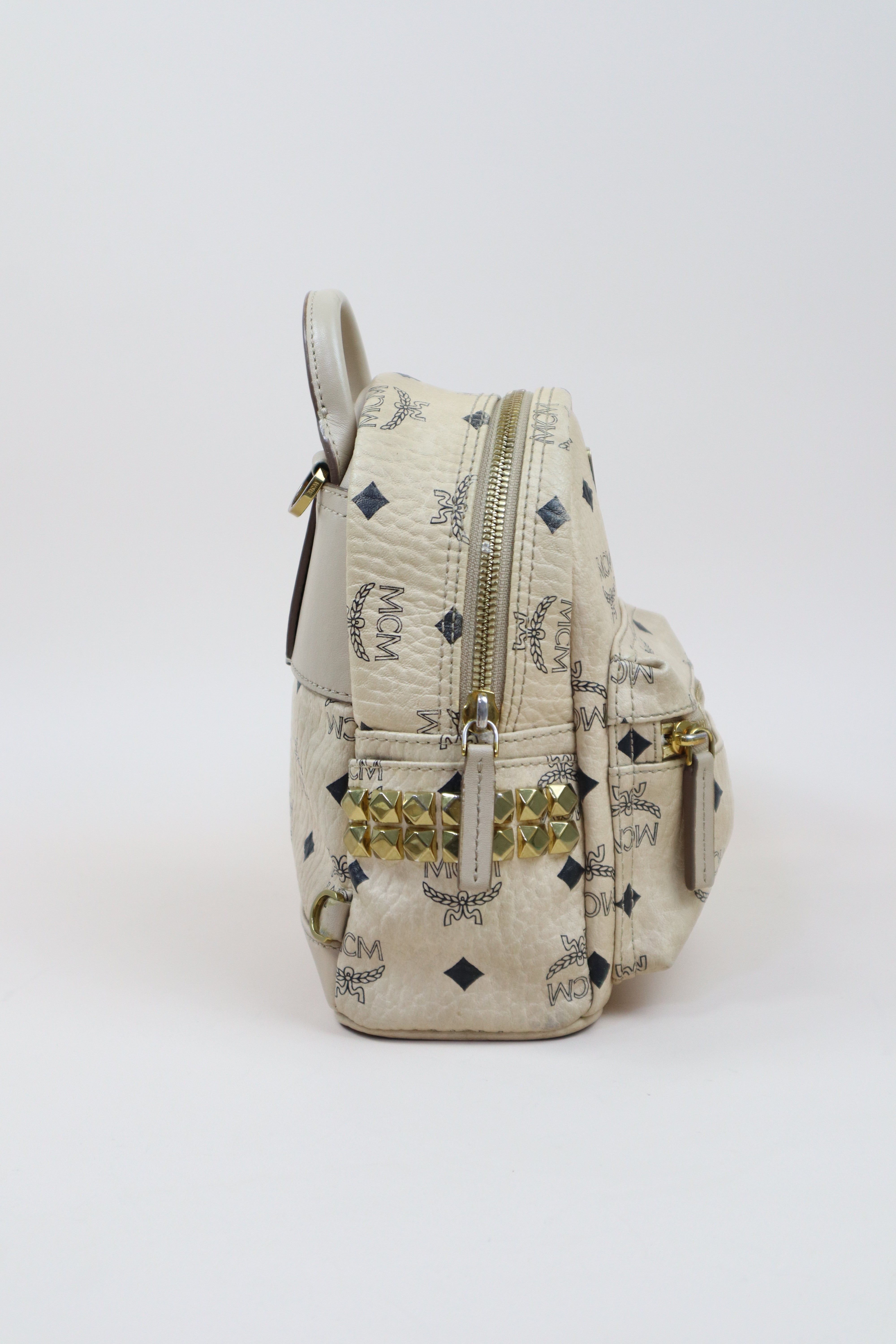 MCM Beige X-Mini Bebe Side Studded Boo Visetos Mini Backpack Bag