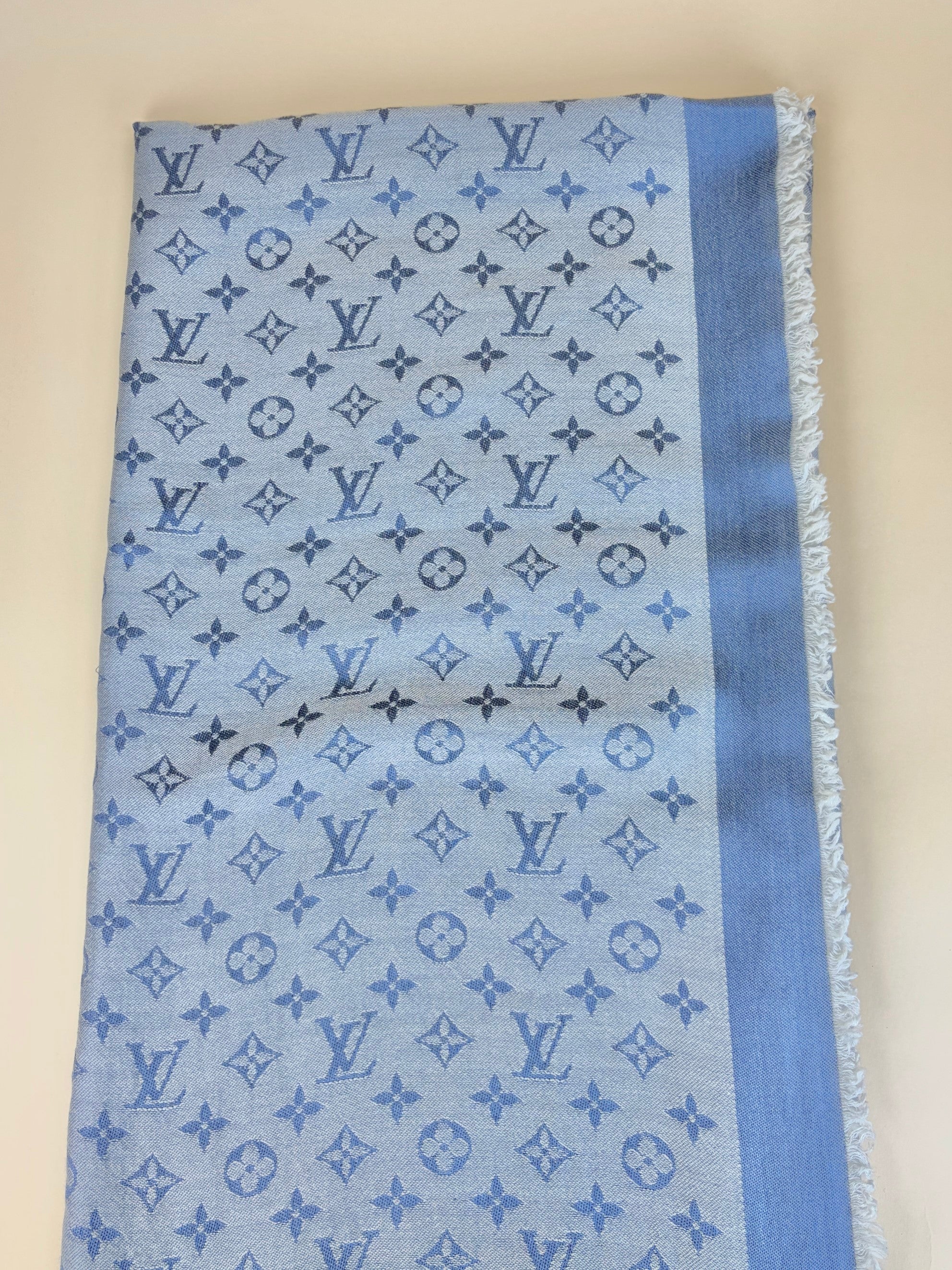 Louis Vuitton Blue Clair Monogram Denim Wool Silk Shawl
