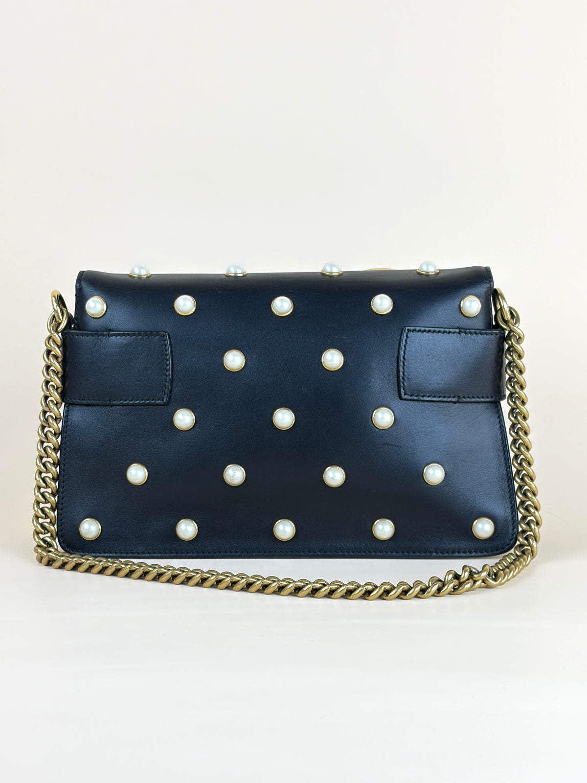 Gucci black leather pearl studded mini Broadway bee shoulder bag