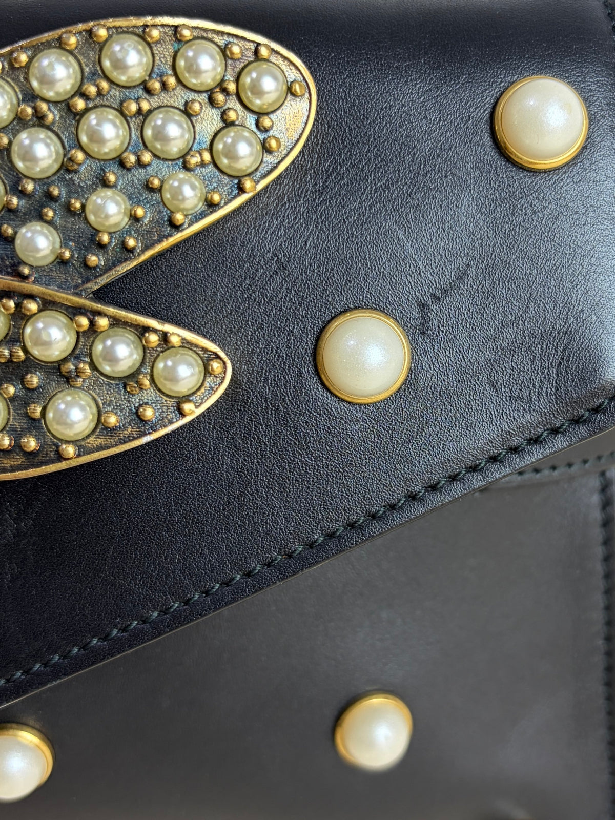 Gucci black leather pearl studded mini Broadway bee shoulder bag