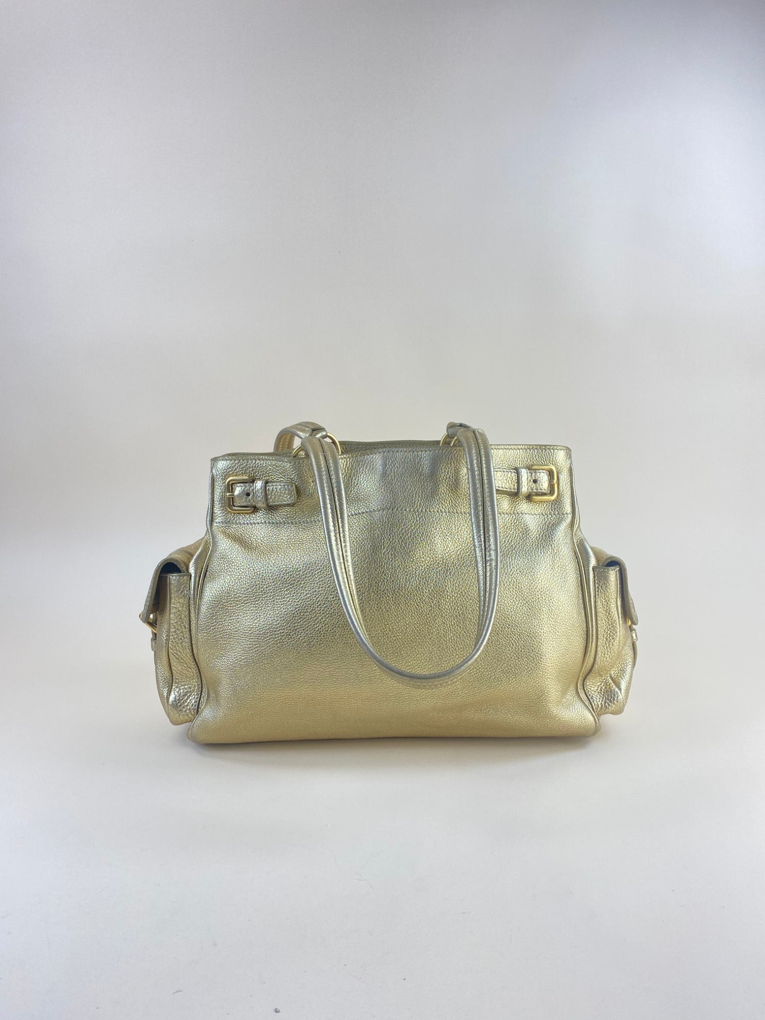 Prada Metallic Gold Vitello Daino Side Pocket Shoulder Bag