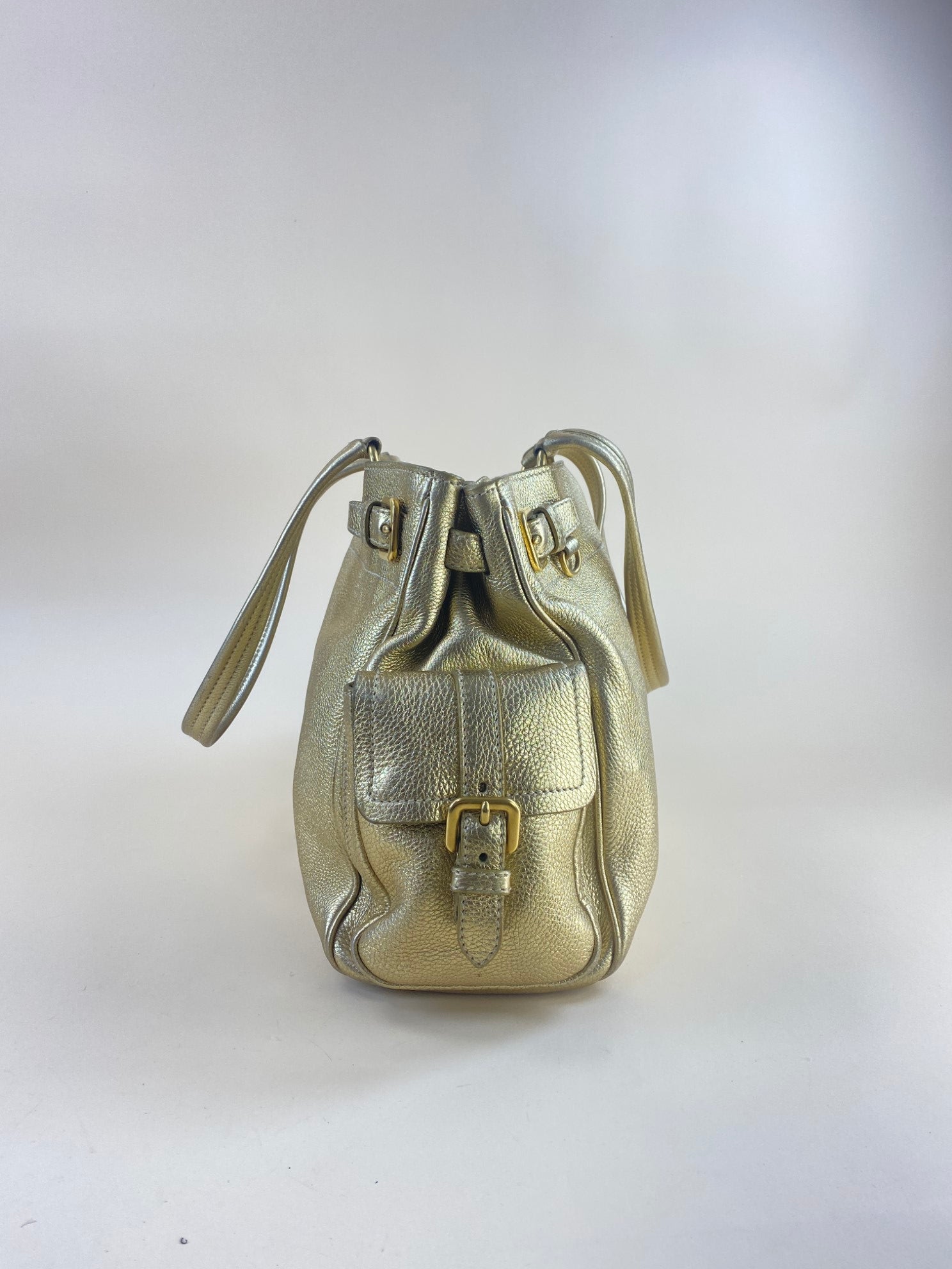 Prada Metallic Gold Vitello Daino Side Pocket Shoulder Bag