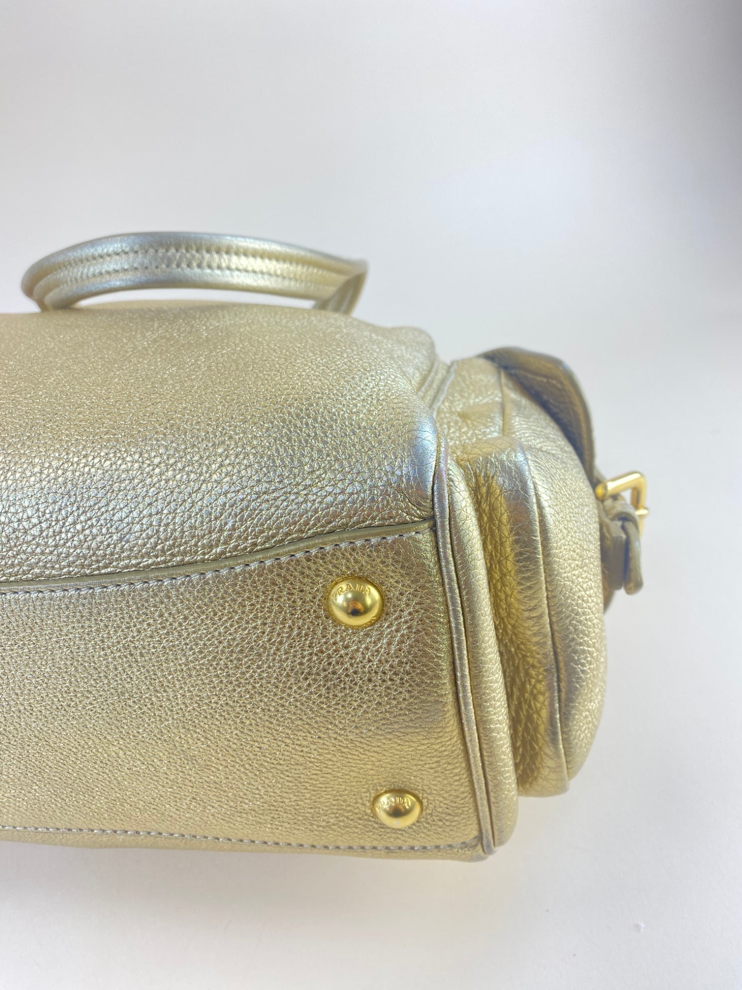 Prada Metallic Gold Vitello Daino Side Pocket Shoulder Bag