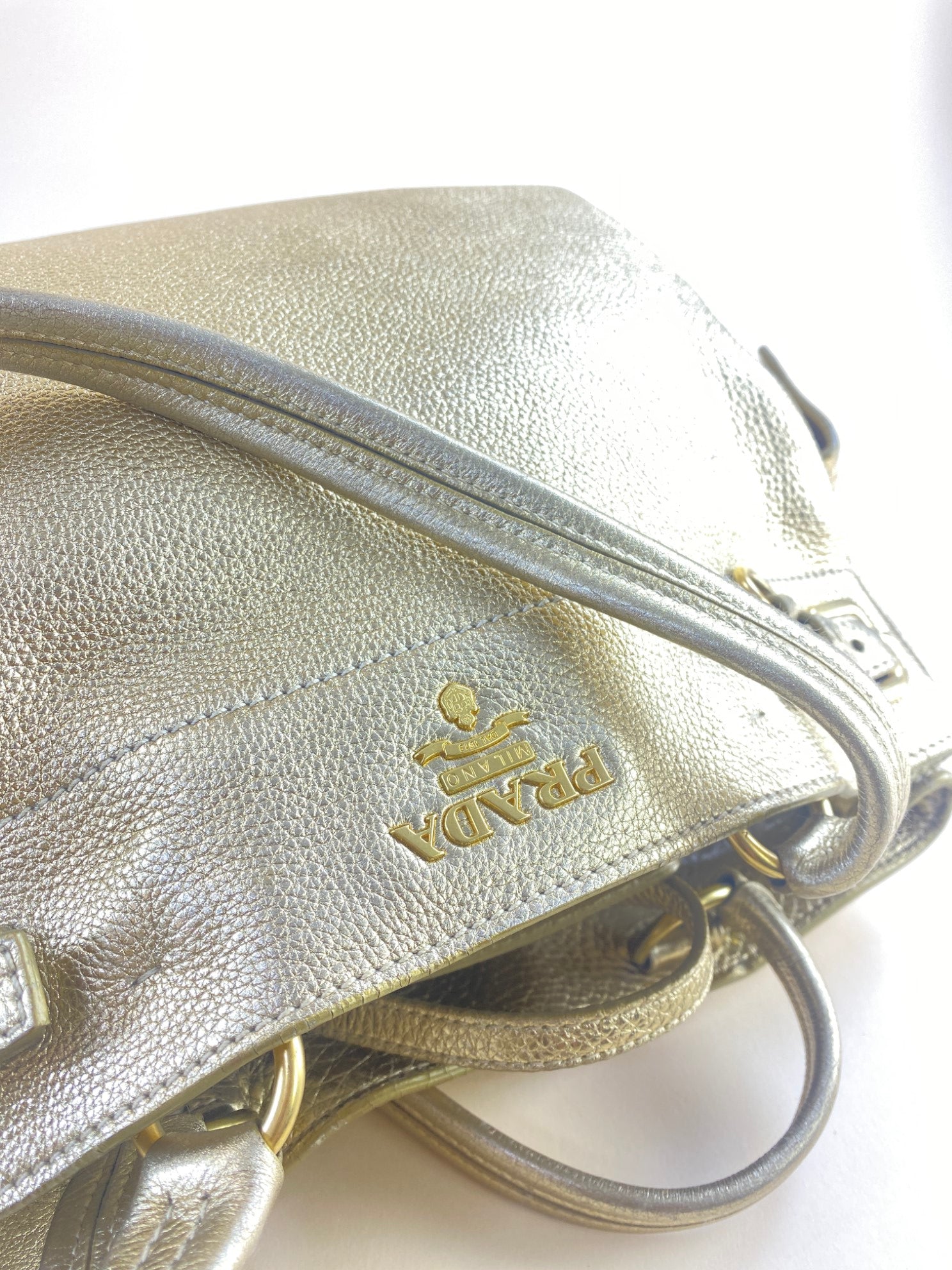 Prada Metallic Gold Vitello Daino Side Pocket Shoulder Bag
