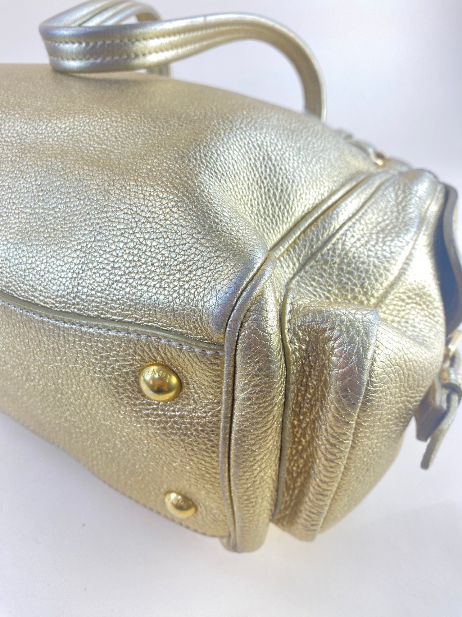 Prada Metallic Gold Vitello Daino Side Pocket Shoulder Bag