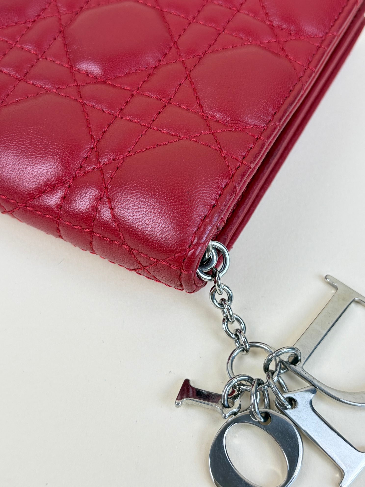 Christian Dior Red Quilted Cannage Lady Dior Clutch with Chain