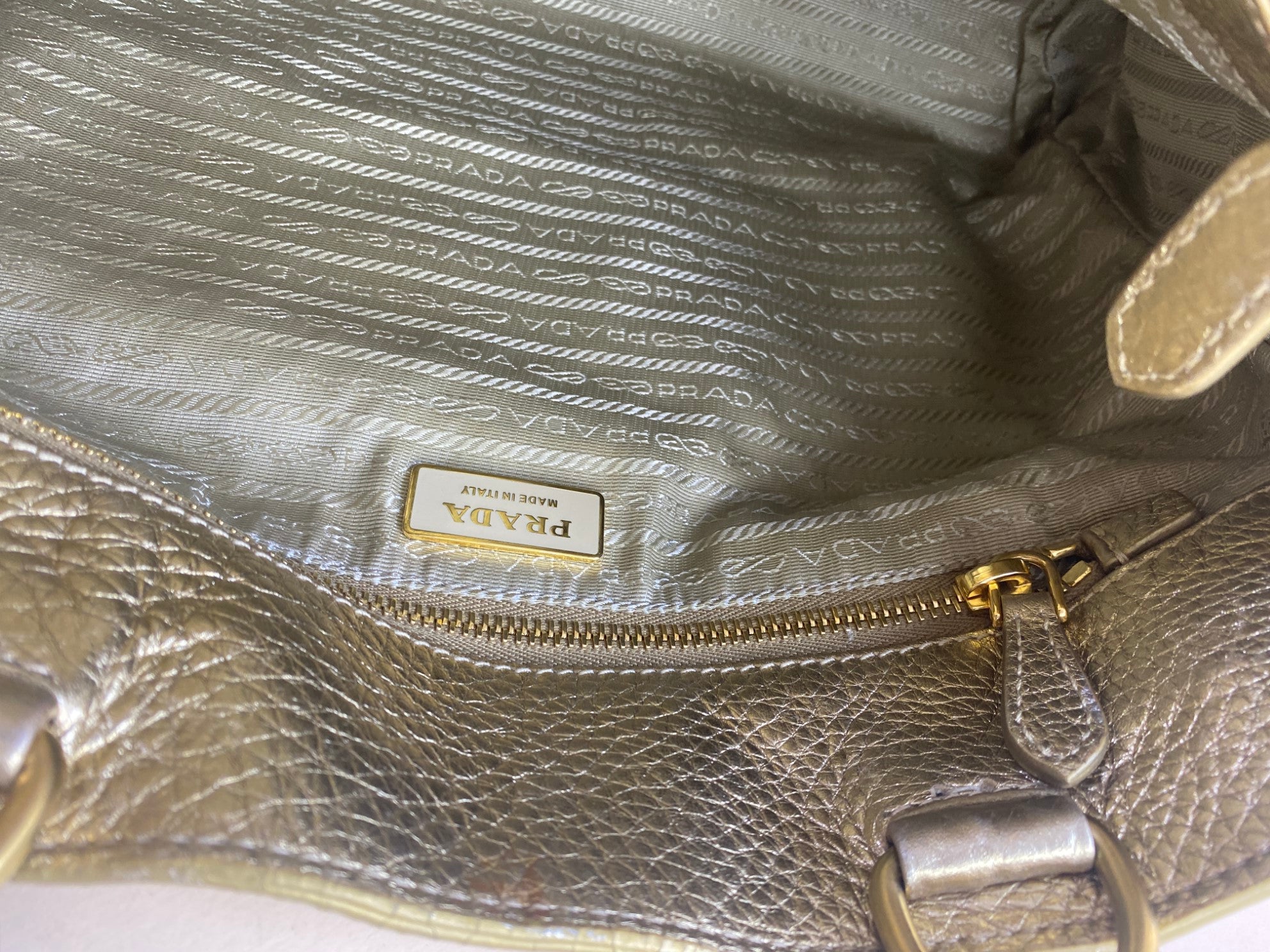 Prada Metallic Gold Vitello Daino Side Pocket Shoulder Bag