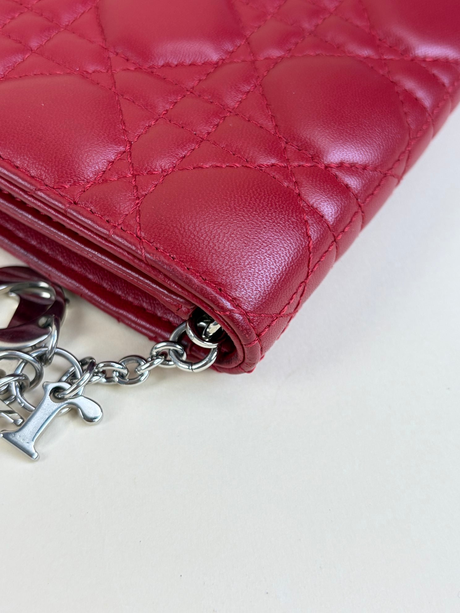 Christian Dior Red Quilted Cannage Lady Dior Clutch with Chain