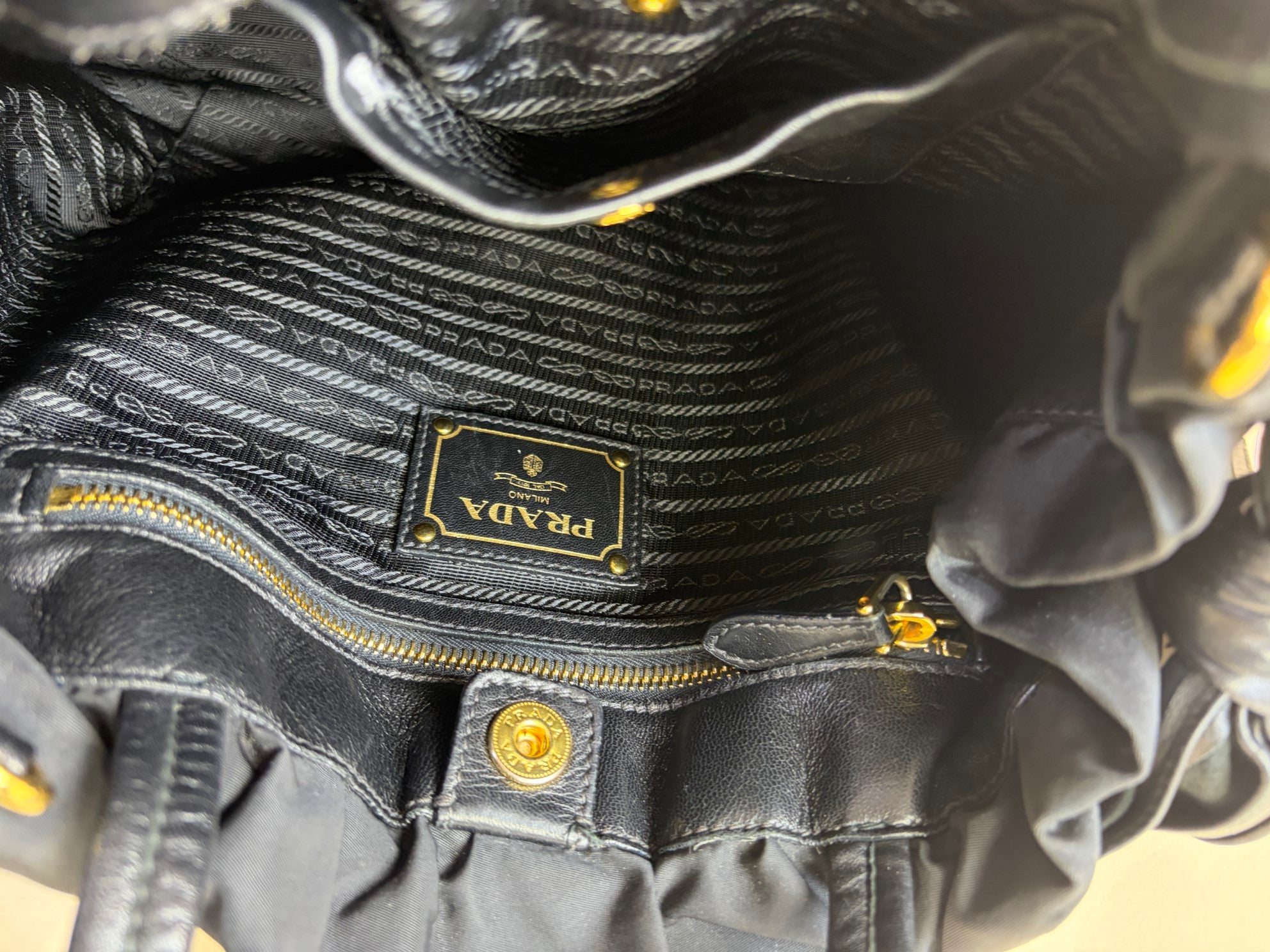 Prada Black Nappa Antique Drawstring Nylon Jacquard Shoulder Bag