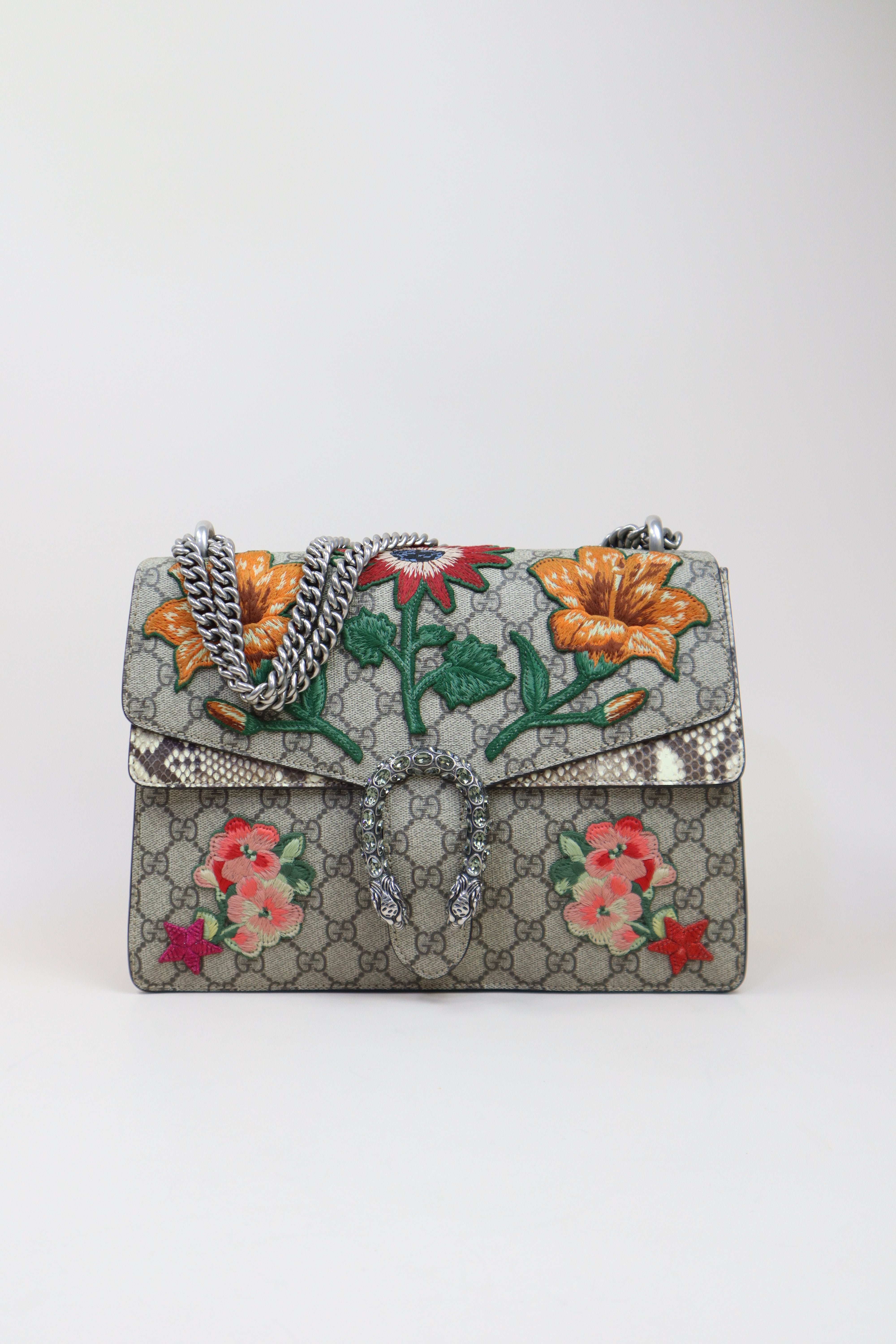 Gucci Ebony GG Medium Dionysus Bee/Floral Supreme Crystal Shoulder Bag