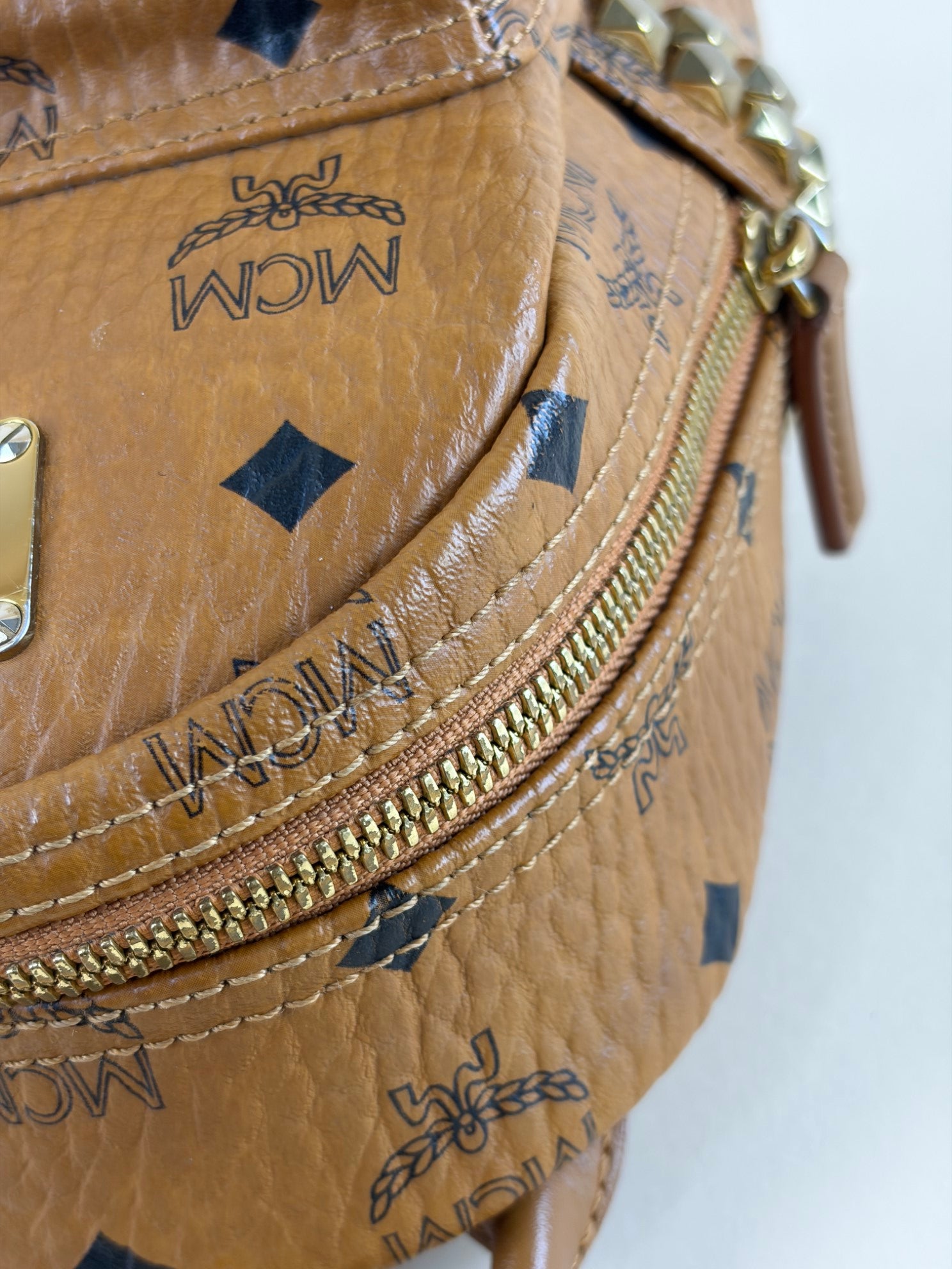 MCM Camel Stark Bebe Boo Studs Visetos Backpack Bag