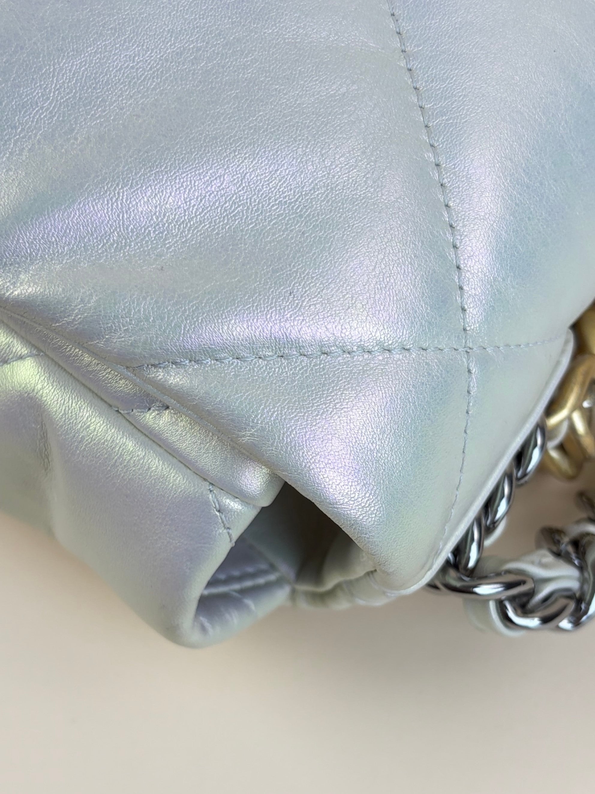 Chanel White Iridescent Quilted Large Chanel 19 Flap Bag