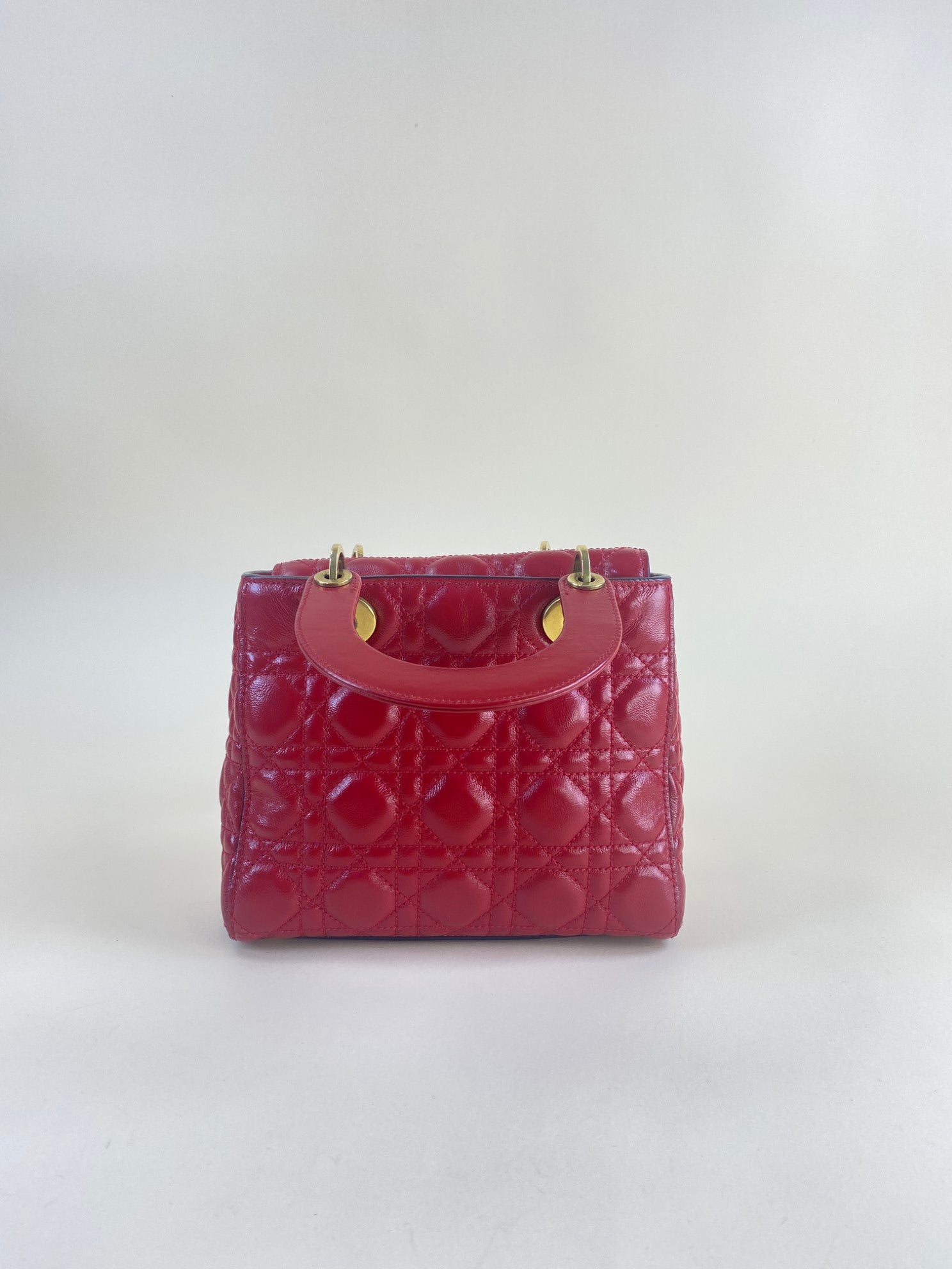 Christian Dior crinkeld patent small lucky red lady Dior with strap