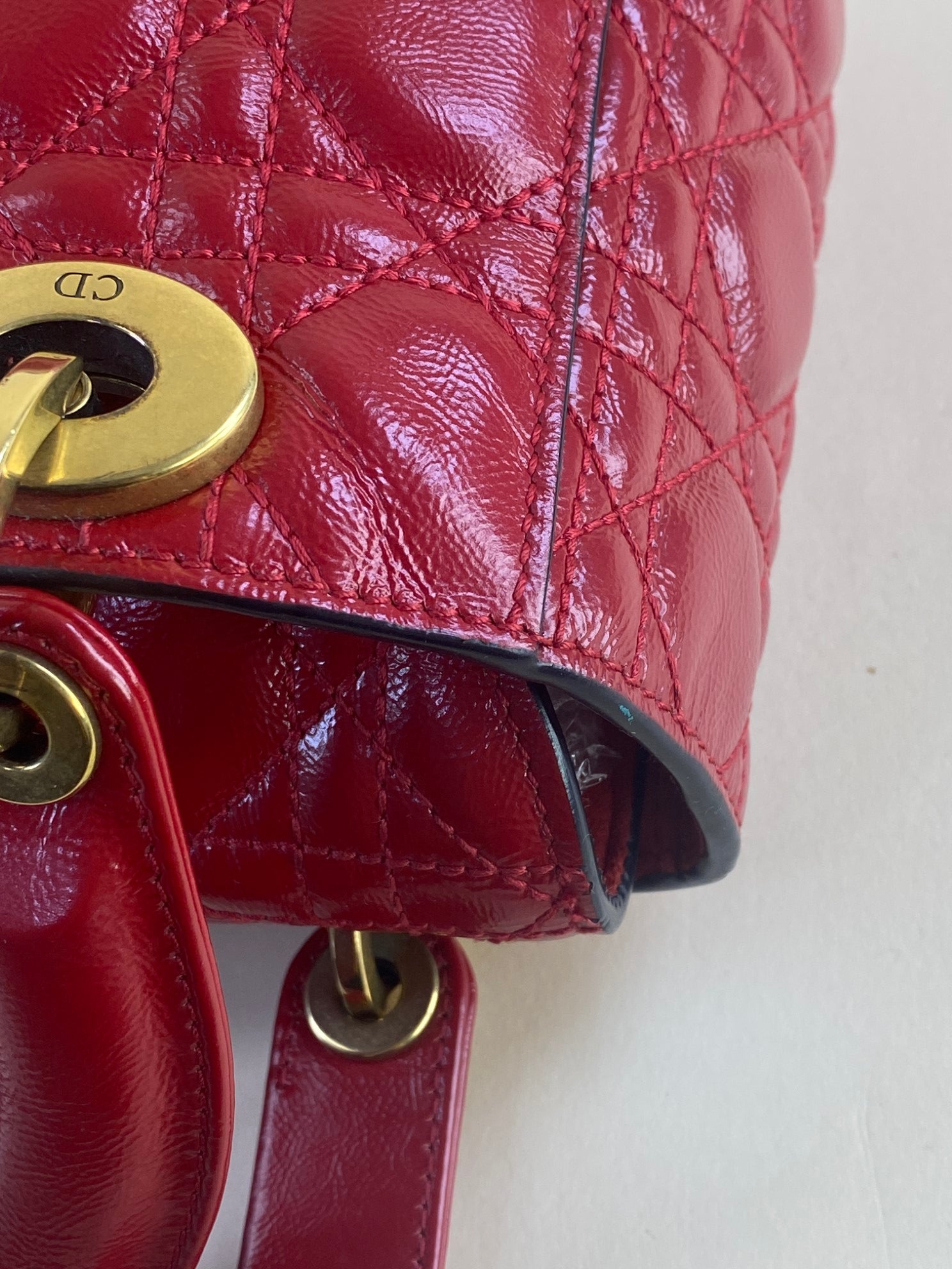 Christian Dior crinkeld patent small lucky red lady Dior with strap