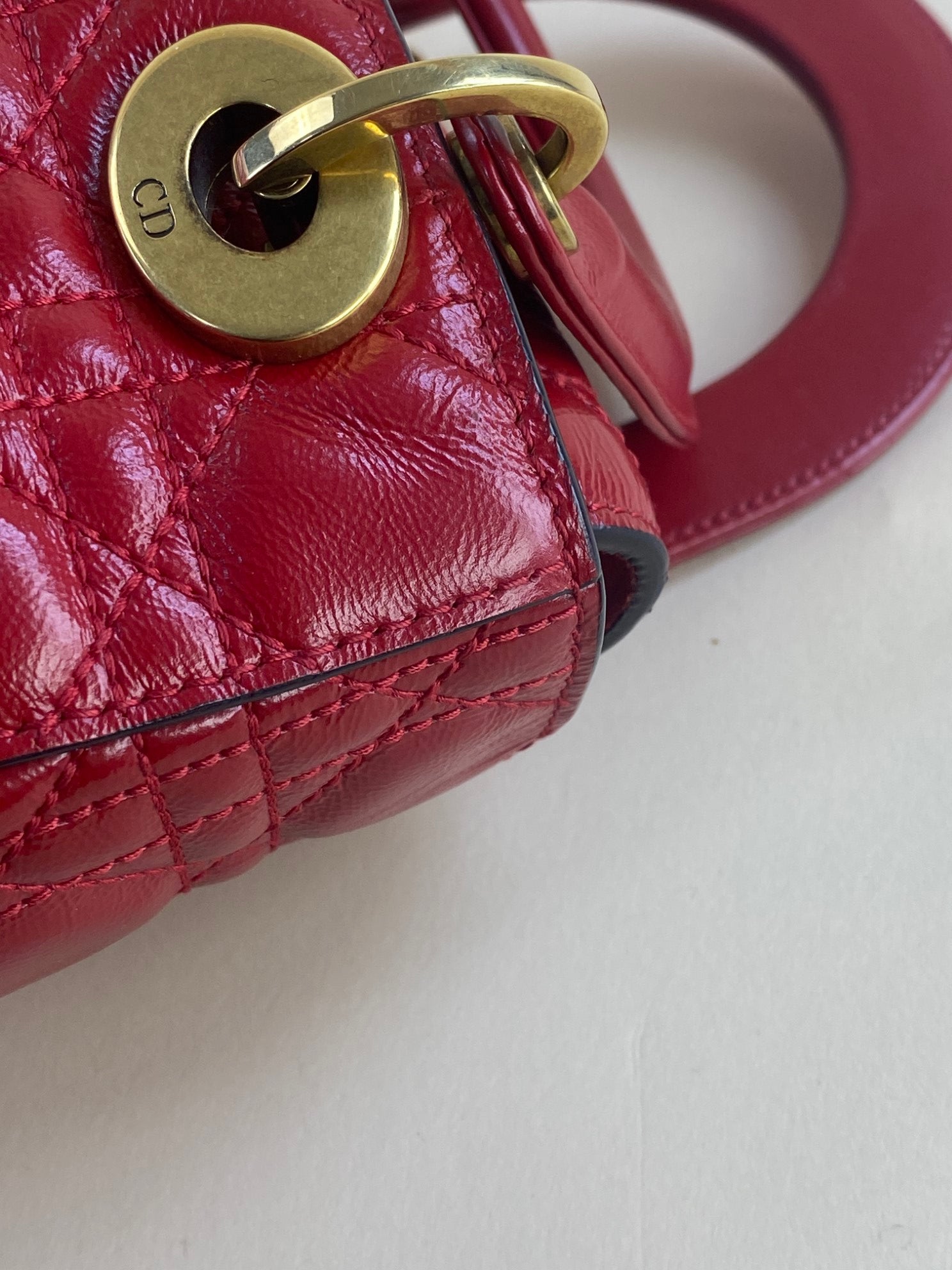 Christian Dior crinkeld patent small lucky red lady Dior with strap