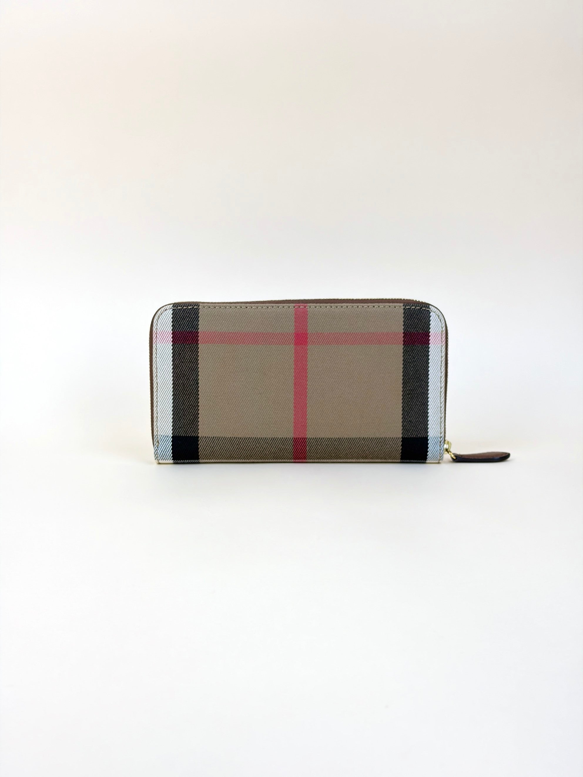 BURBERRY brown calfskin house check Elmore zip around wallet