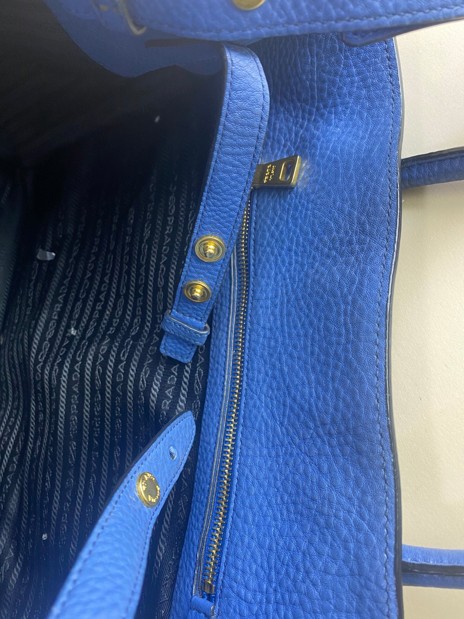 Prada Blue Vitello Daino twin pocket tote Bag