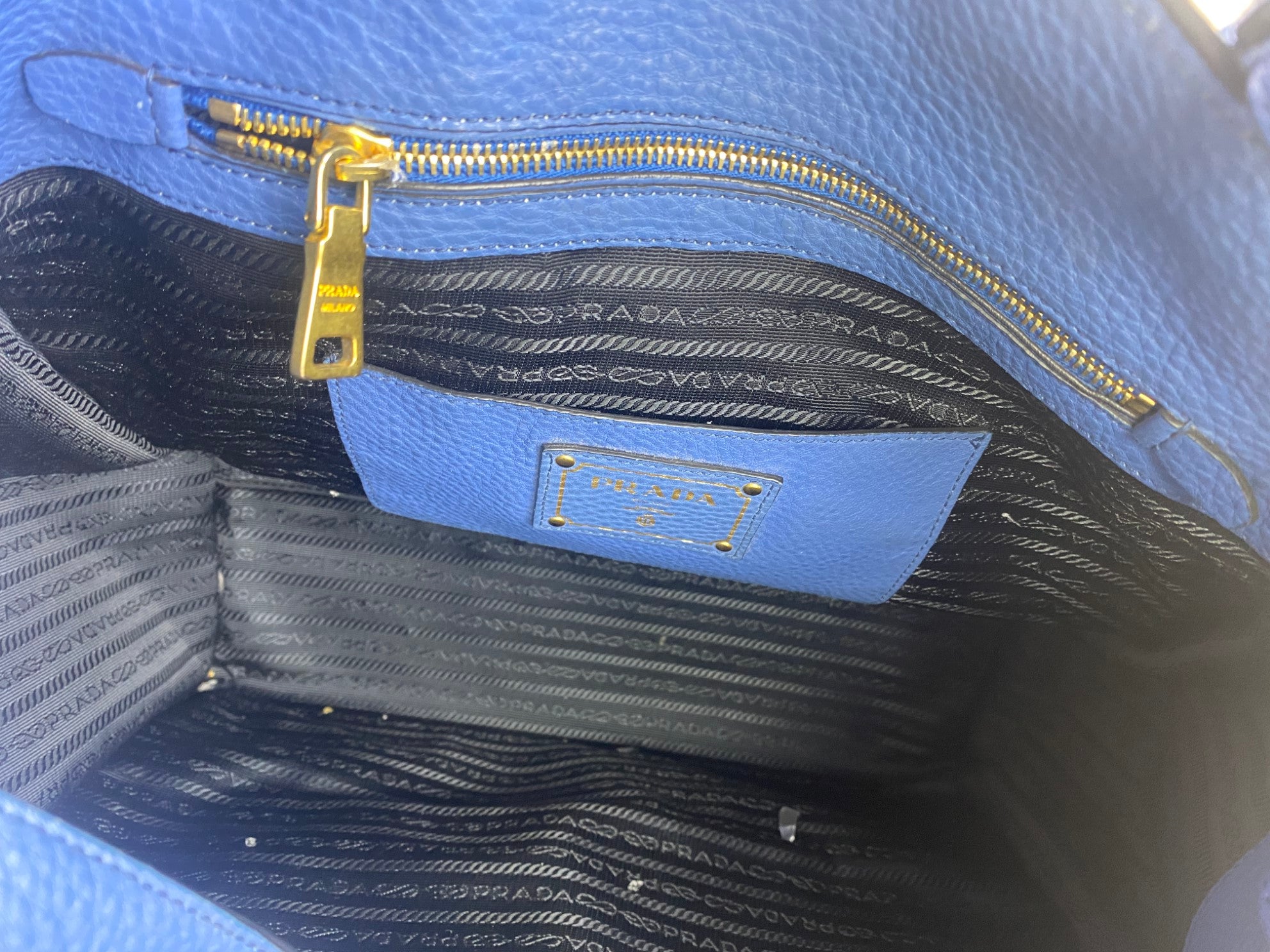 Prada Blue Vitello Daino twin pocket tote Bag