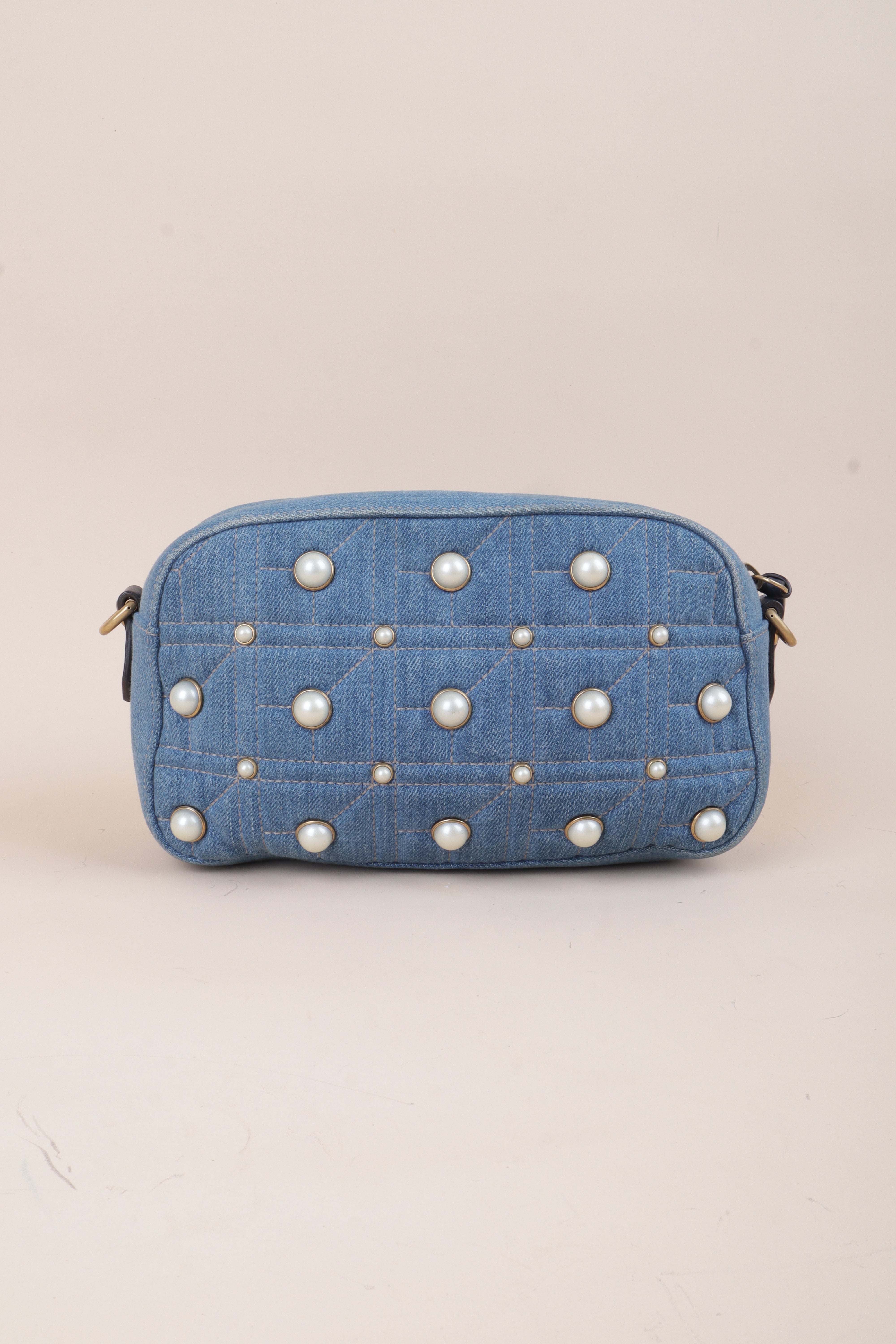 Gucci Blue Denim Marmont Pearl Crossbody Bag