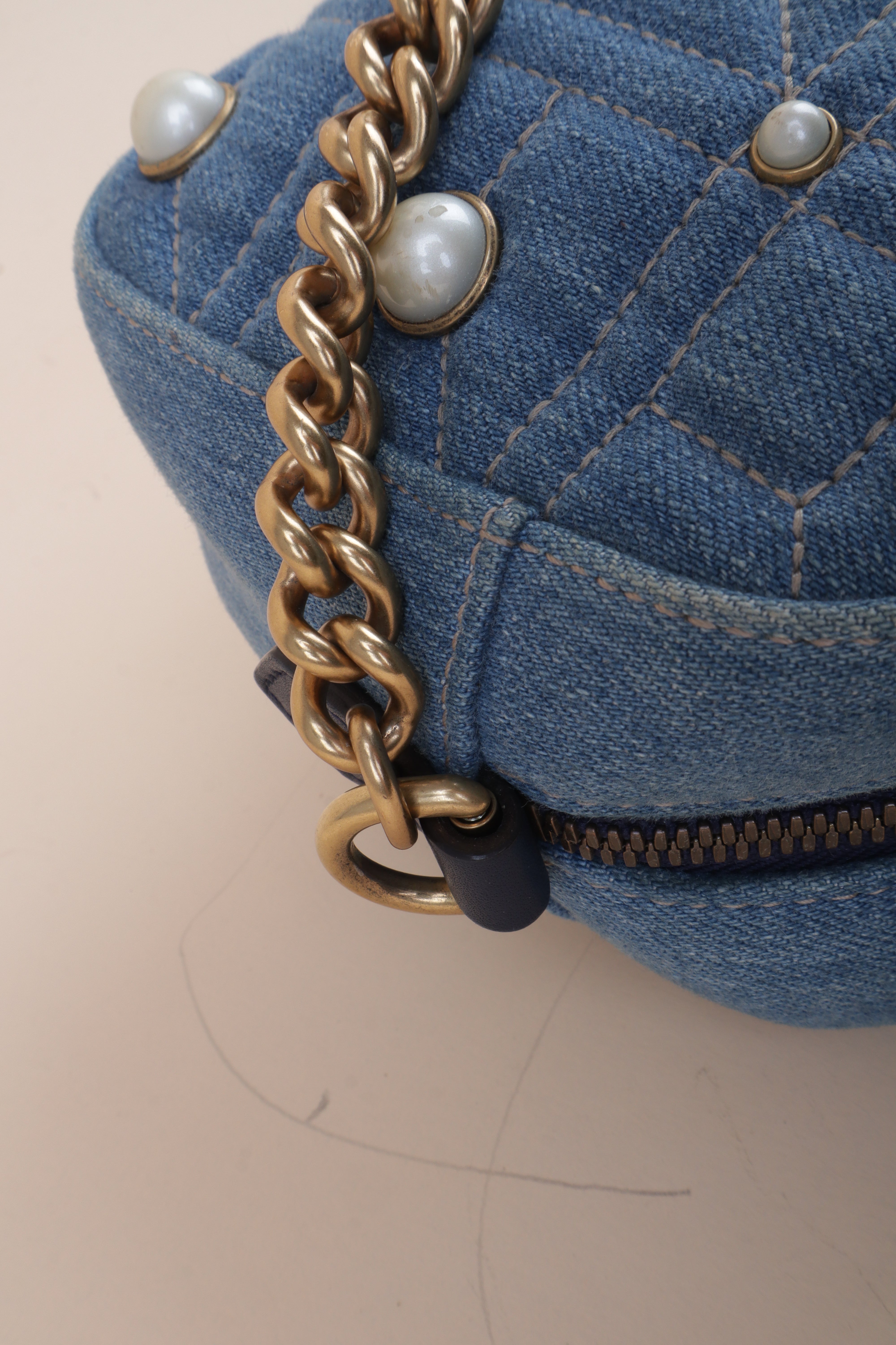 Gucci Blue Denim Marmont Pearl Crossbody Bag
