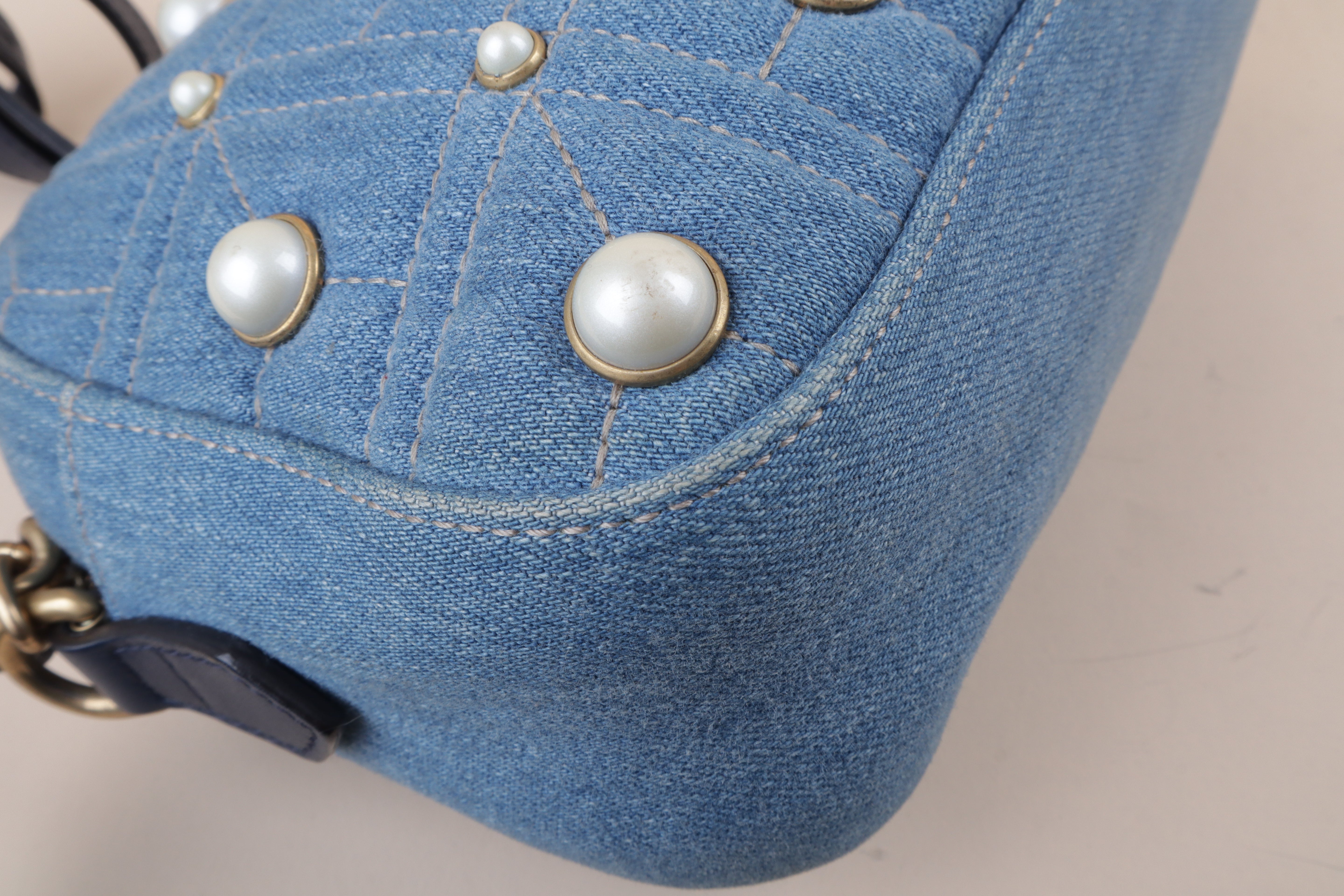 Gucci Blue Denim Marmont Pearl Crossbody Bag