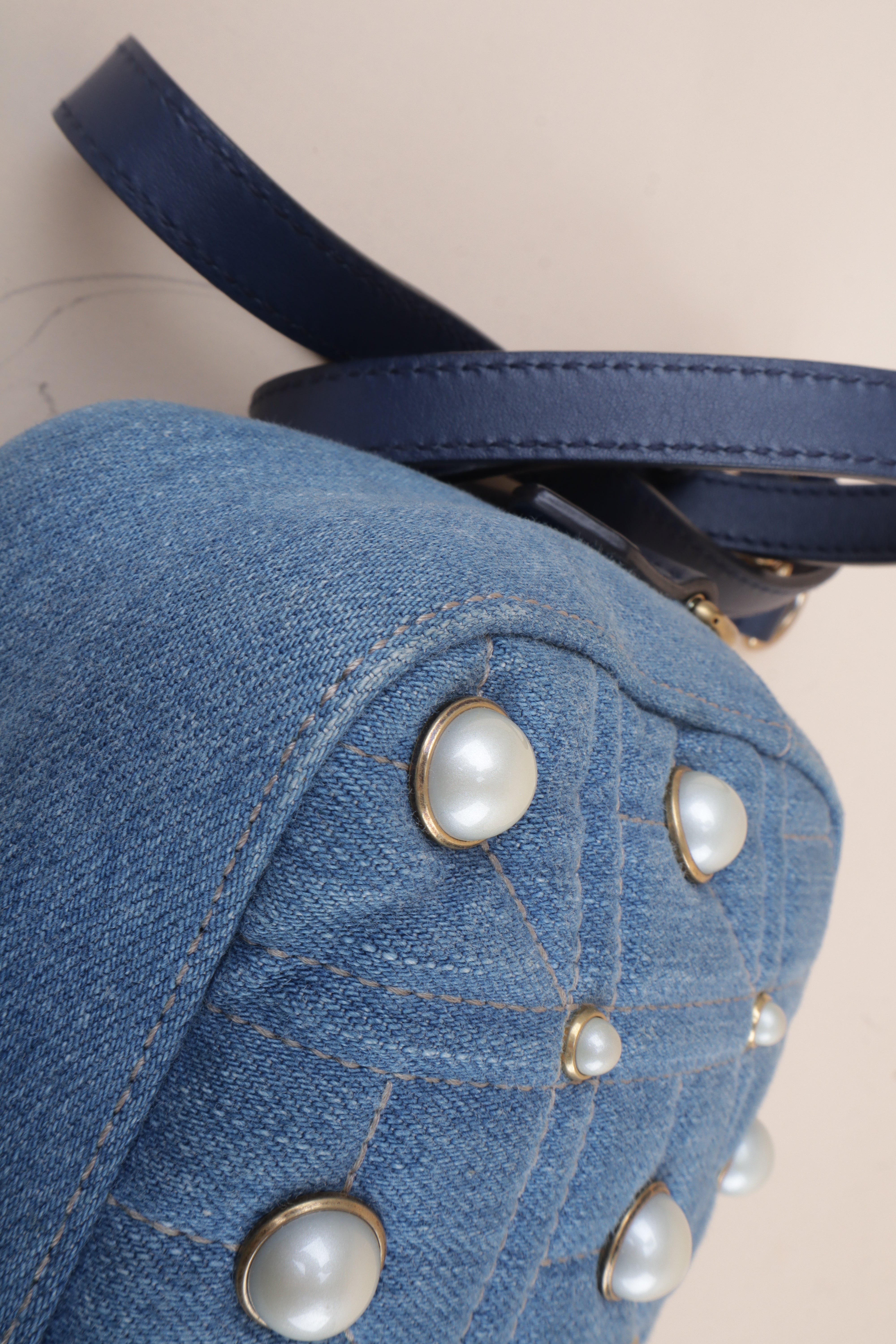 Gucci Blue Denim Marmont Pearl Crossbody Bag