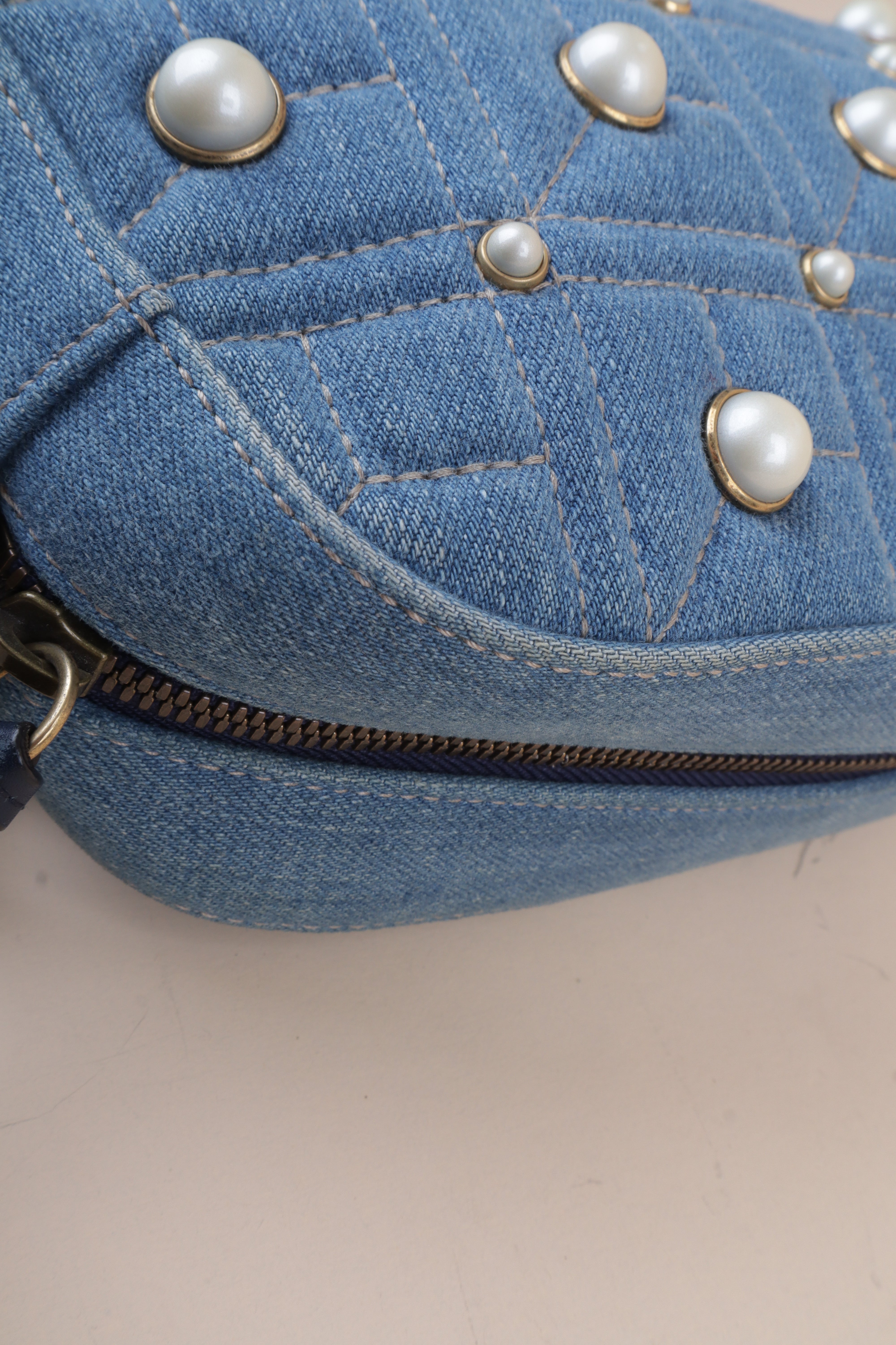Gucci Blue Denim Marmont Pearl Crossbody Bag