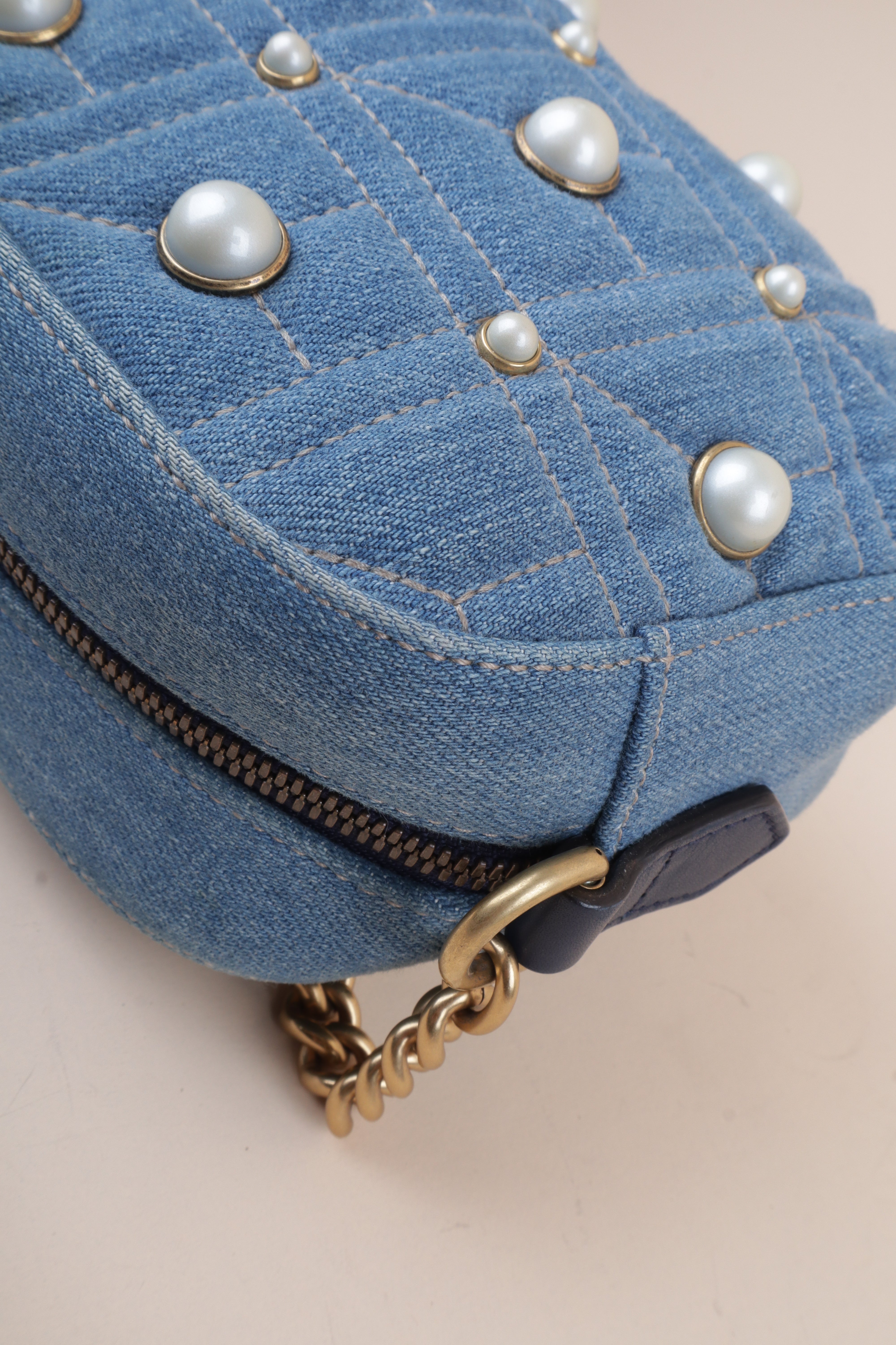 Gucci Blue Denim Marmont Pearl Crossbody Bag