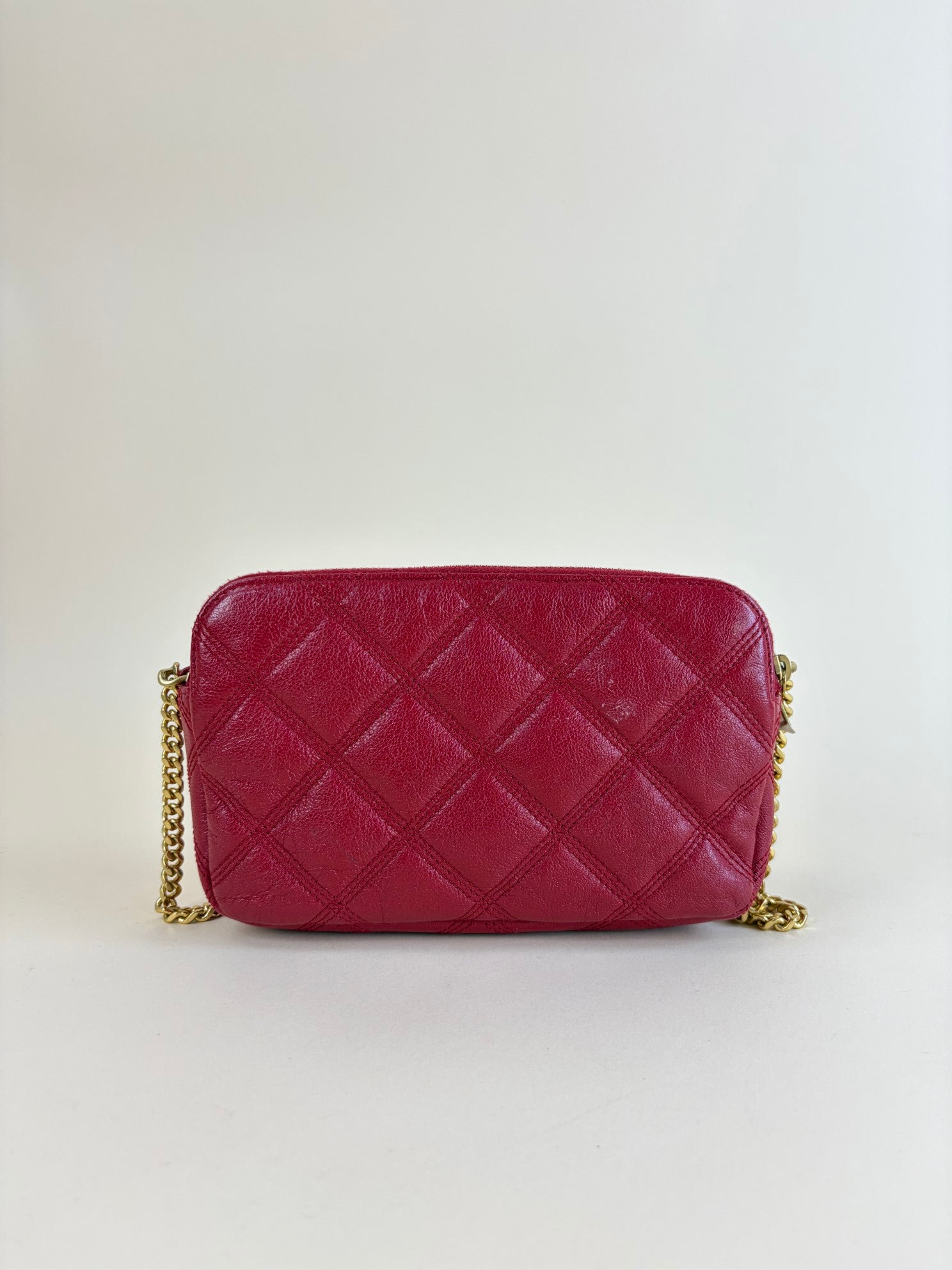 YSL Red grained lambskin quitted mini Becky double zip cross