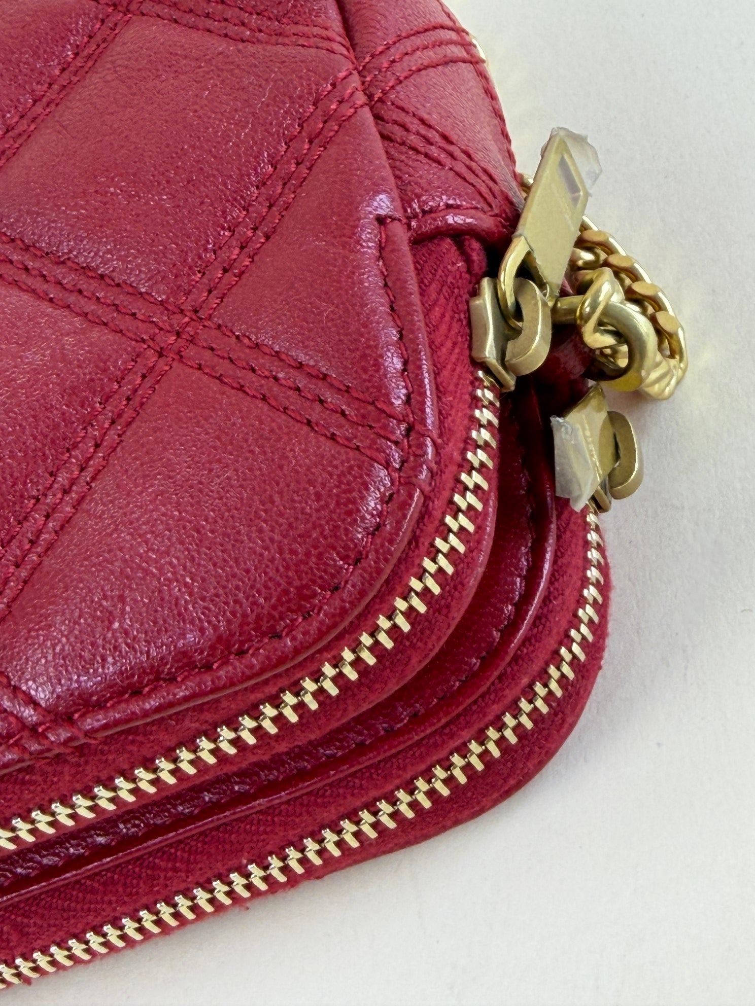 YSL Red grained lambskin quitted mini Becky double zip cross